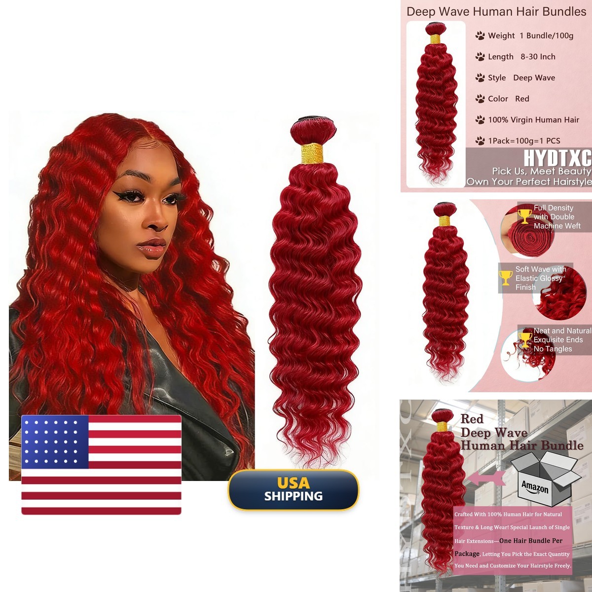 Hydtxc 10 Inch RED Deep Wave Brazilian Virgin Hair Bundle - 1PC
