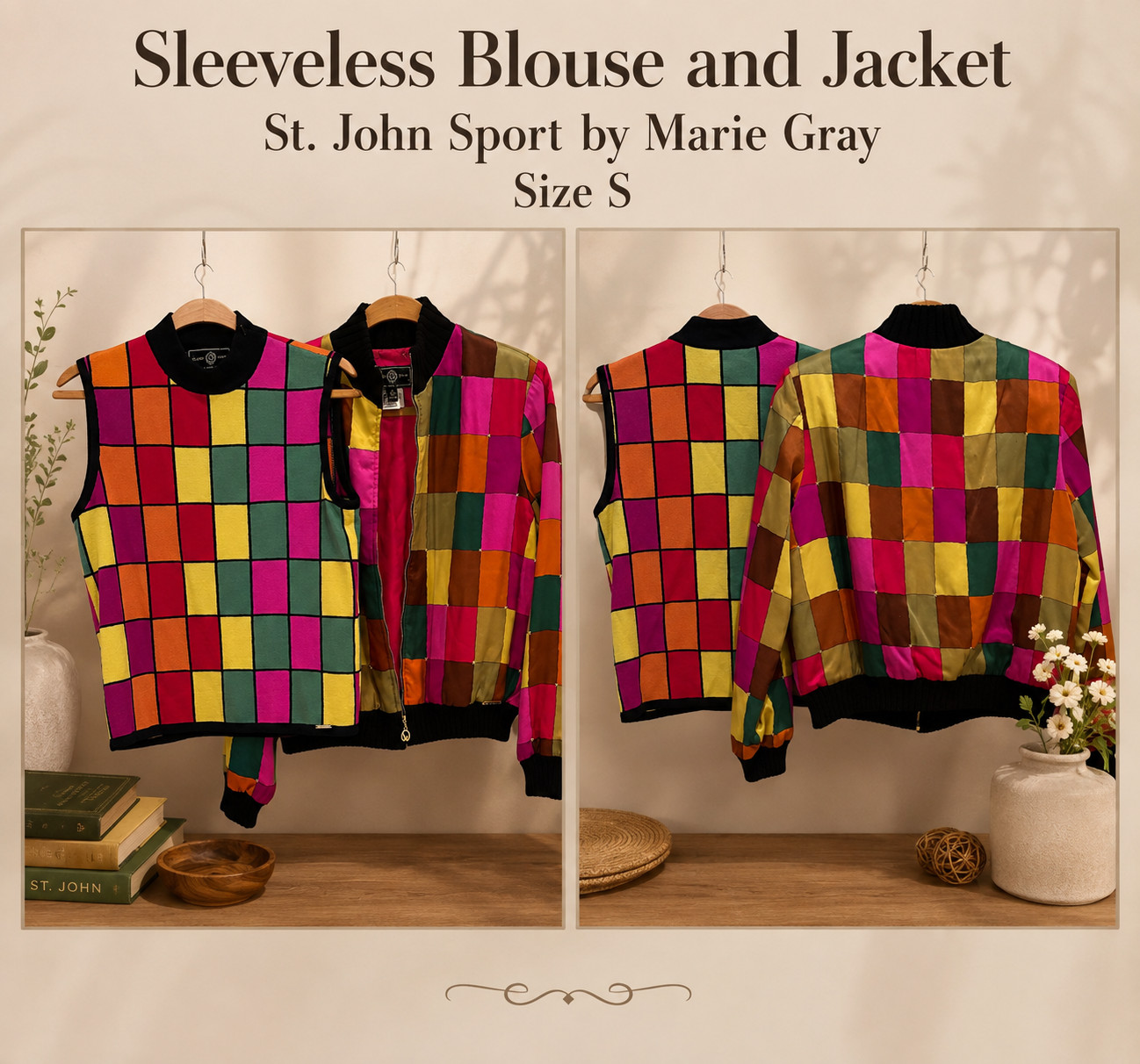 St. John Sport Marie Gray Multicolor Silk Haute Zip Jacket & Matching Top SMALL St. John Sport Marie Gray Multicolor Silk Haute Zip Jacket & Matching Top SMALL