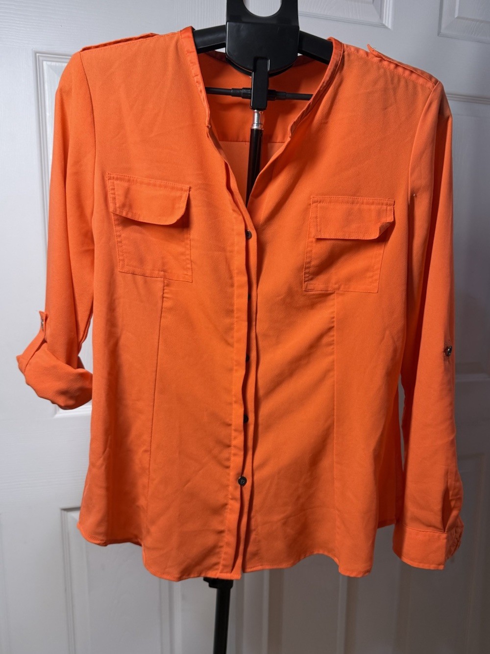 Calvin Klein Women\'s Orange Solid V-Neck Button Front Blouse Long Sleeve L