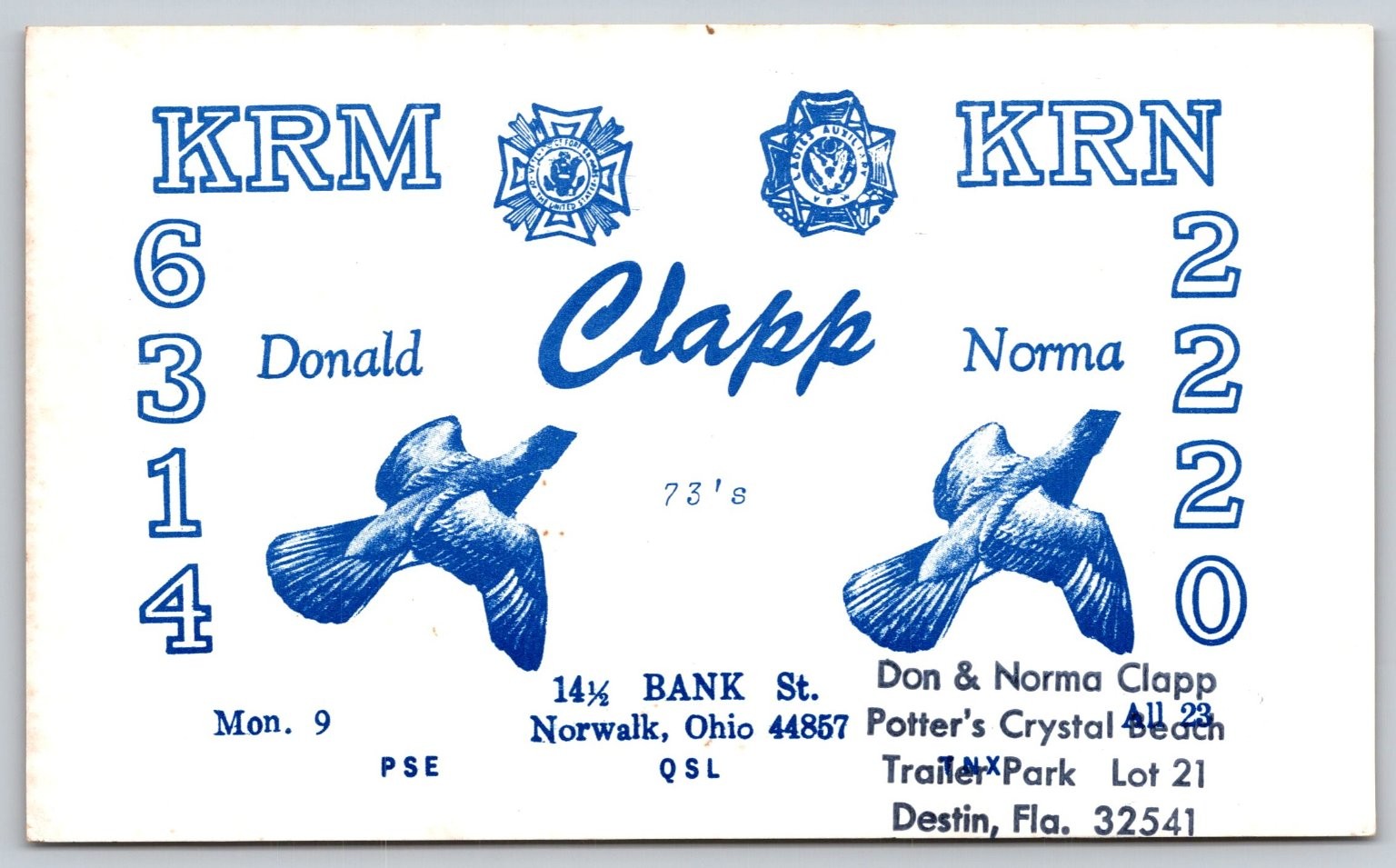 Vintage CB Radio QSL Postcard Donald Norma Clapp Norwalk OH Destin FL 1991 C275