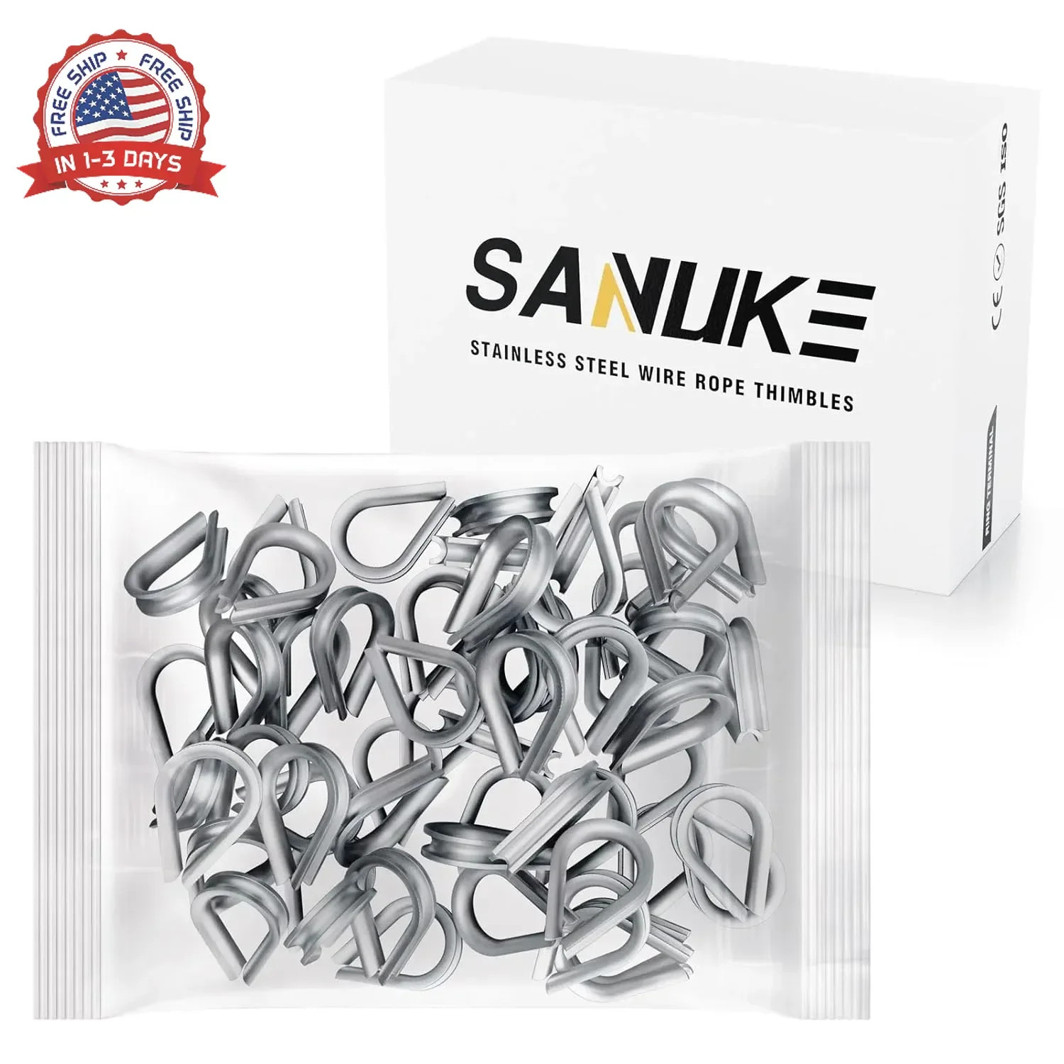 Sanuke 60pcs M2 Stainless Steel Wire Rope Thimbles for 1/16\'\' - 3/32\'\' Diameter