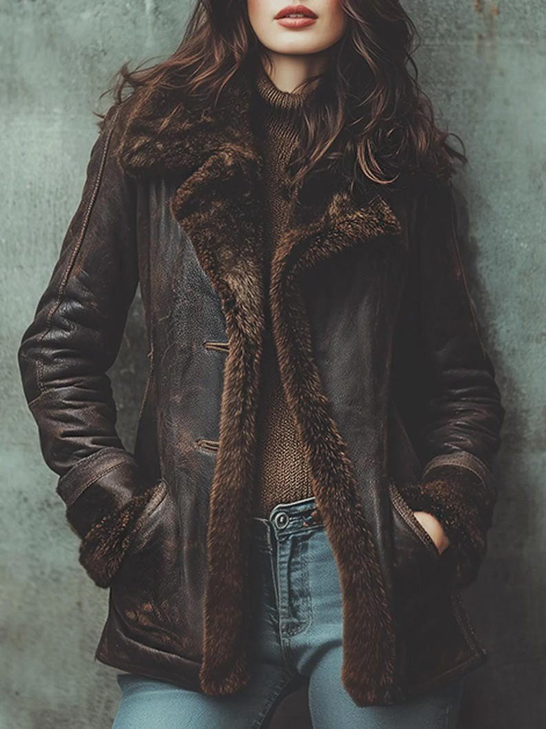 Women’s Luxury Shearling Leather Coat – Genuine Brown Sheepskin Warm Fur Jacket