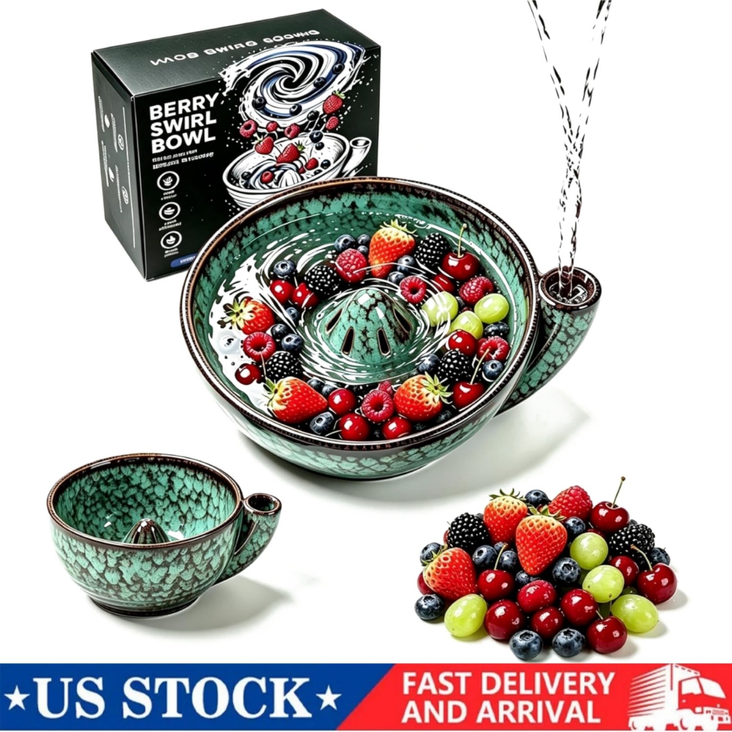 Self-Spinning Ceramic Berry Bowl with Holes - Lead-Free Fruit Washing & Serving