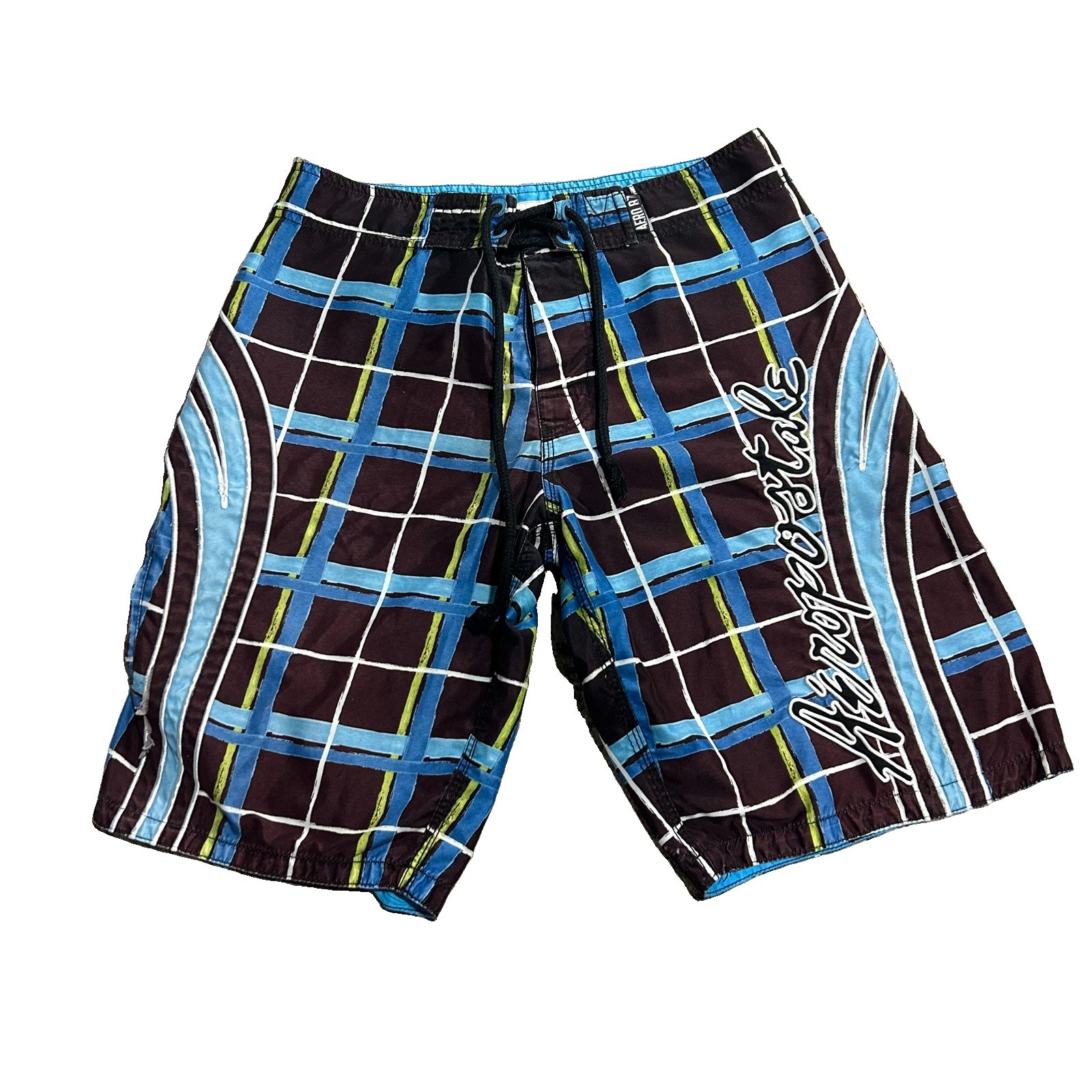 Y2K Aero Aeropostale 30 Mens Plaid Spellout Logo Swim Trunks Zipper Vintage