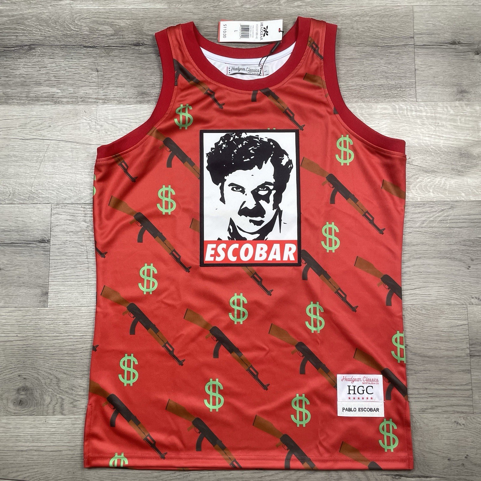 Headgear Classic Pablo Escobar #0 Red Basketball Jersery Sz L HGC037-BBJ-42 $110
