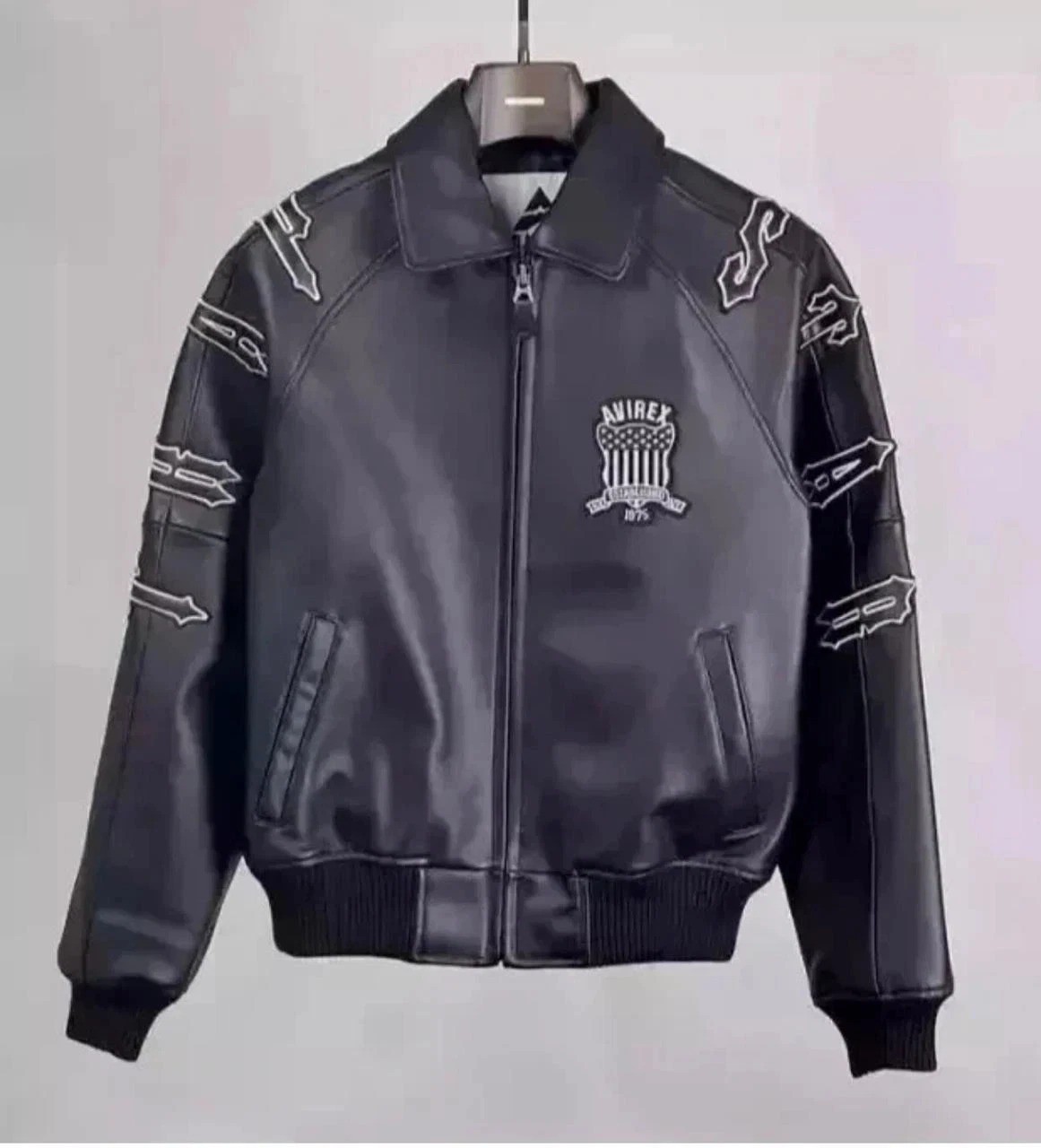 Men\'s Avirex LDN USA Black Real Leather Bomber Jacket American TRAPSTAR Jacket