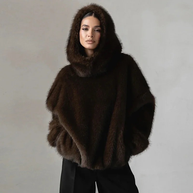Women’s Brown Vegan Fur Hooded Coat Loose Warm Winter Jacket Women’s Brown Vegan Fur Hooded Coat Loose Warm Winter Jacket