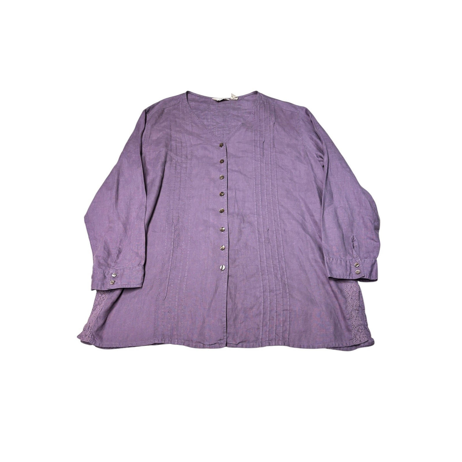 J.Jill Purple 100% Linen Pintuck Lace Trim Button Front Tunic Top 1X Woman