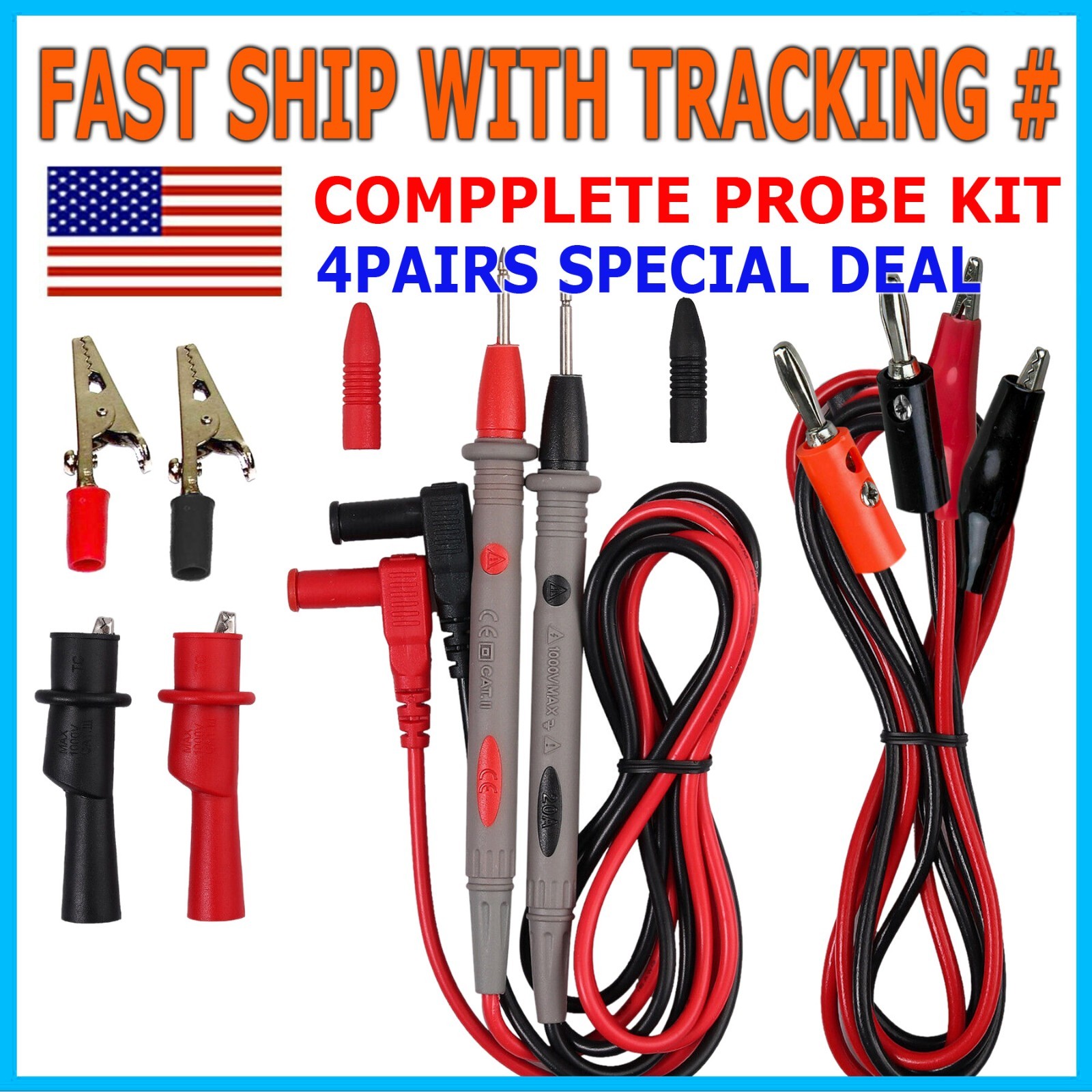 Multimeter Test Leads for Fluke Meter Electrical Alligator Clip Probes 1000V 20A