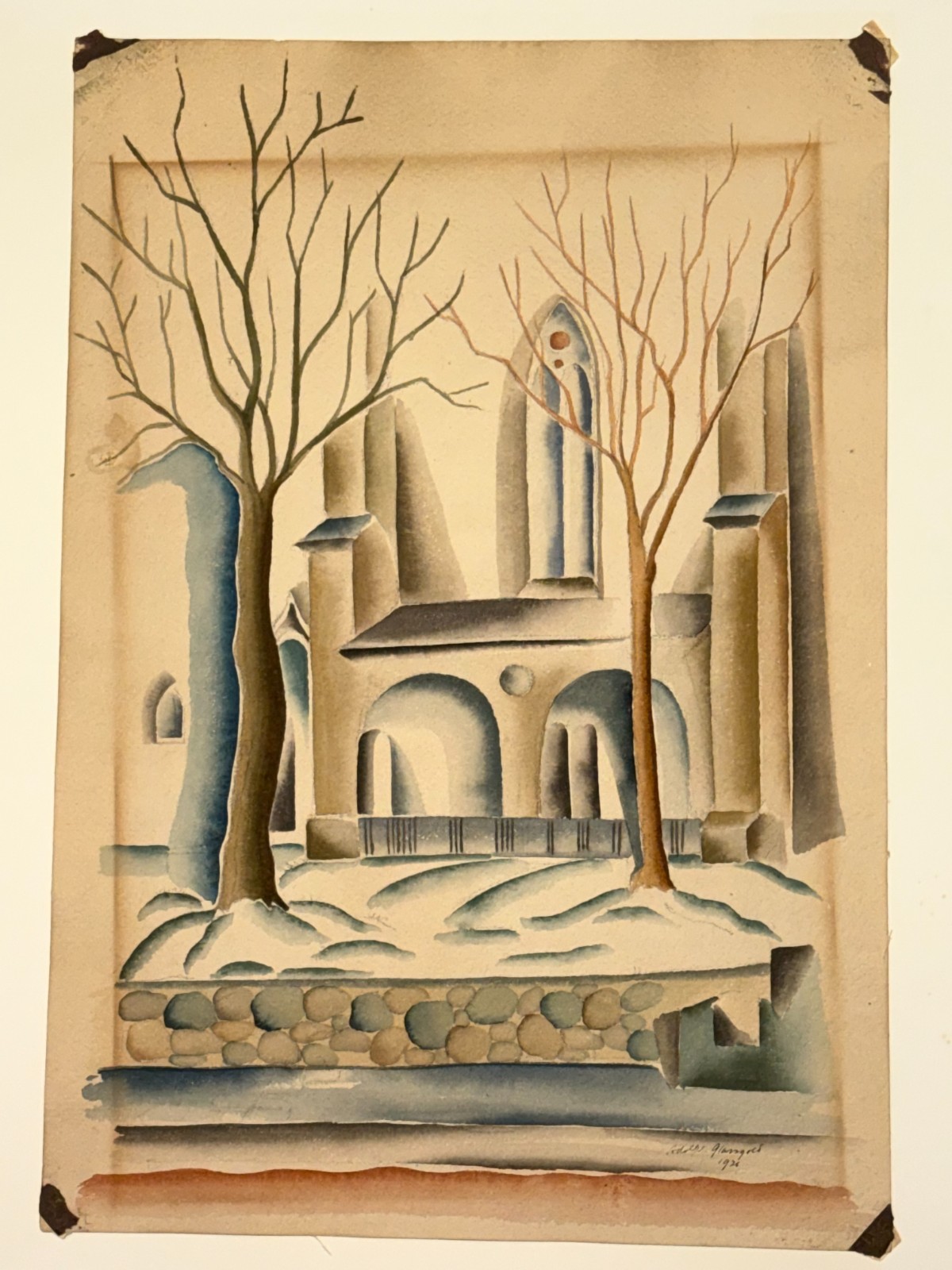 1926 Orig Cubist DECO Gothic Church Winter Watercolor Glassgold NYC Snow COLORS