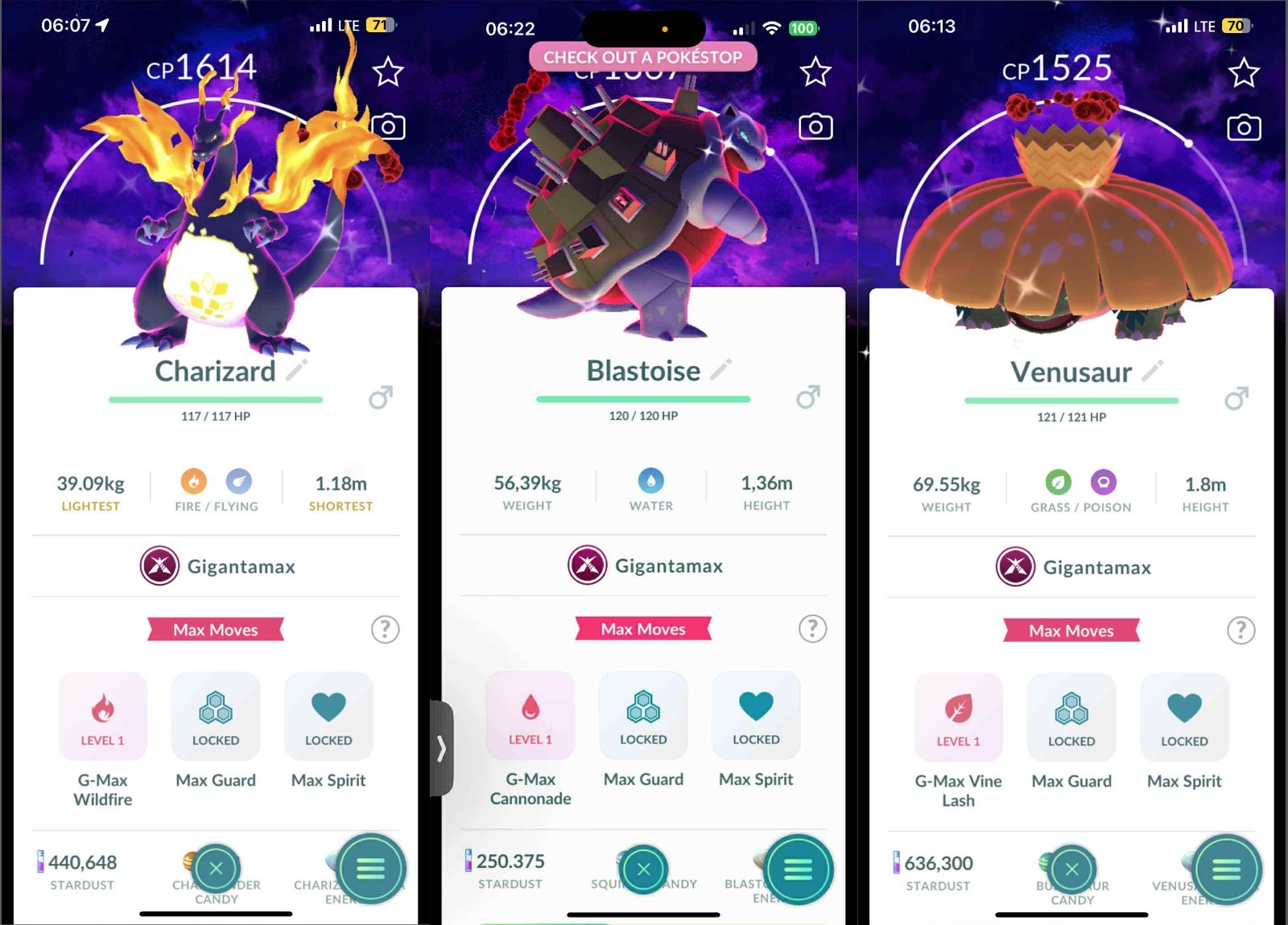 Shiny Charizard Blastoise Venusaur GlGANTAMAX Background Dark Skies  - PTCs