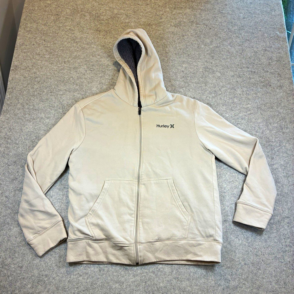 Hurley Men\'s Sherpa Lined Full Zip Hoodie Logo Beige/Gray Size M Regular