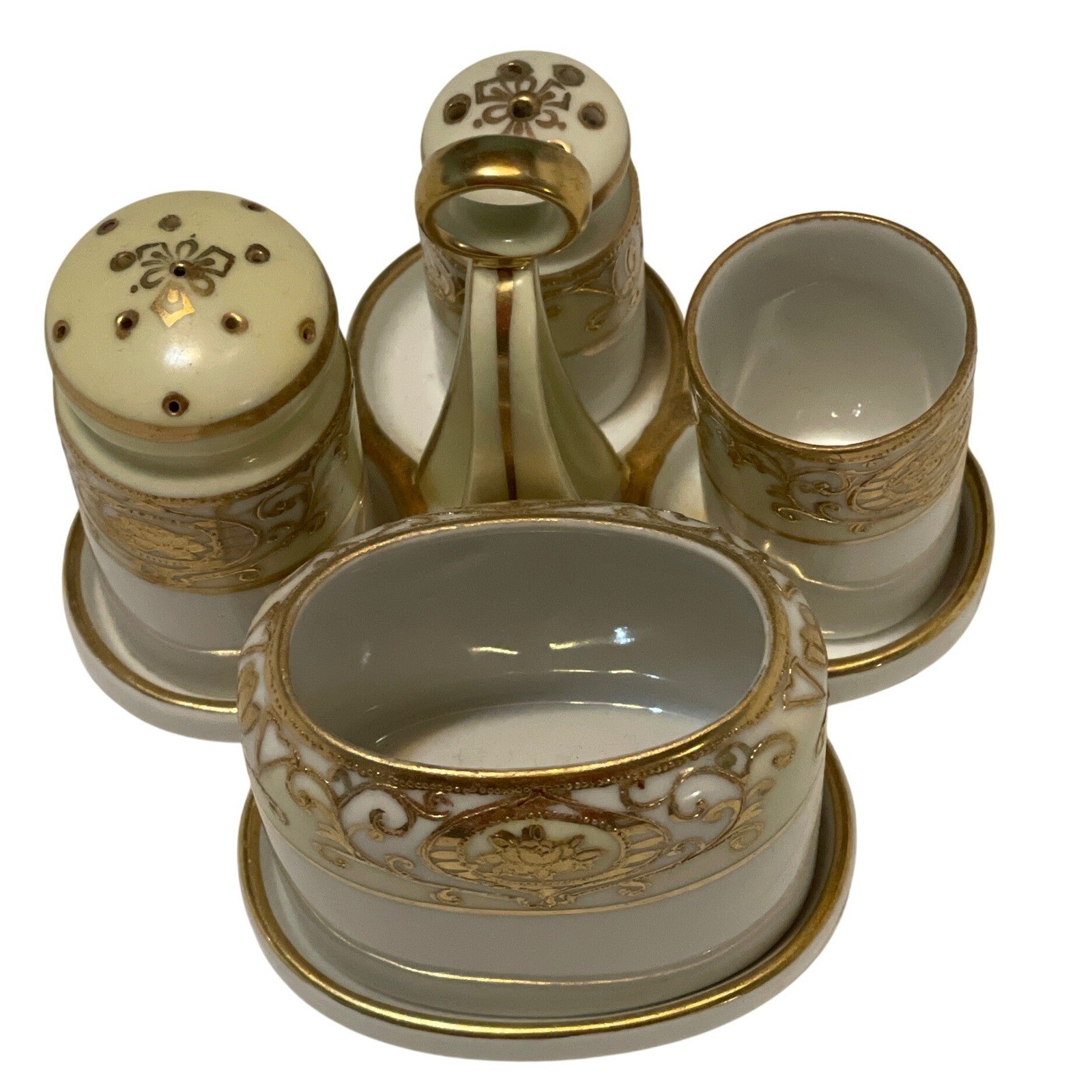 Noritake Condiment Set Vintage White Gold Porcelain Hand Painted Moriage Japan