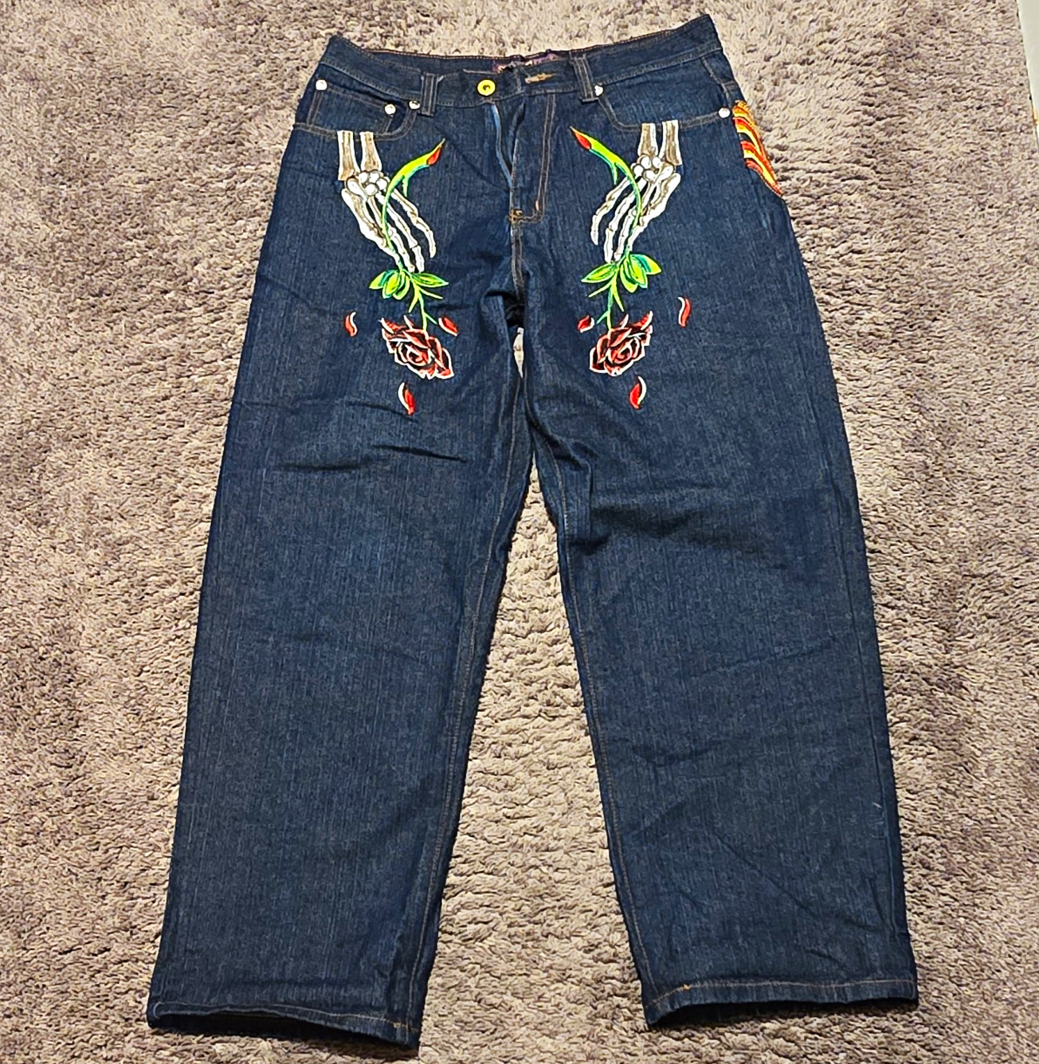 Christian Audigier Men’s Dark Wash Skull Embroidered Straight Jeans