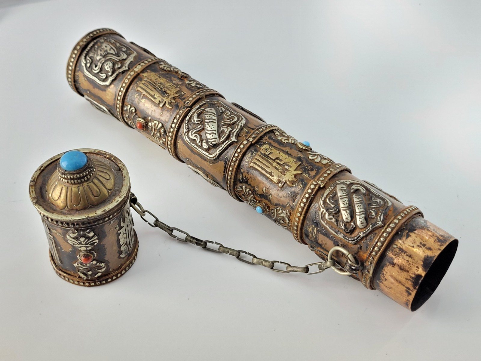 1800s Tibetan Buddhist Copper Silver Brass Prayer Scroll Incense Holder 10.5 1800s Tibetan Buddhist Copper Silver Brass Prayer Scroll Incense Holder 10.5