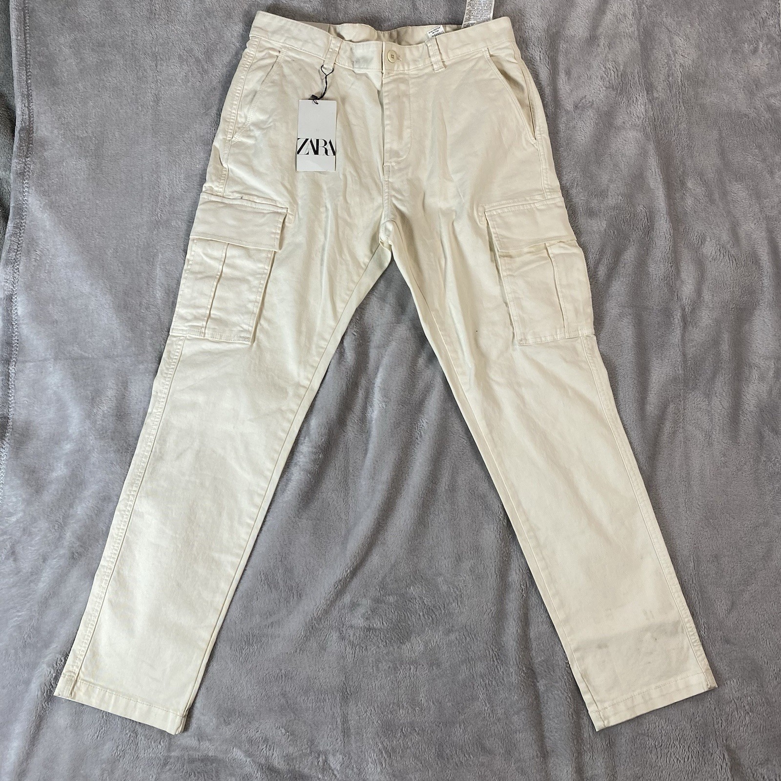 ZARA Men’s Cargo Khaki Pants size 31 Off-White Ivory Cotton Stretch Slim Fit