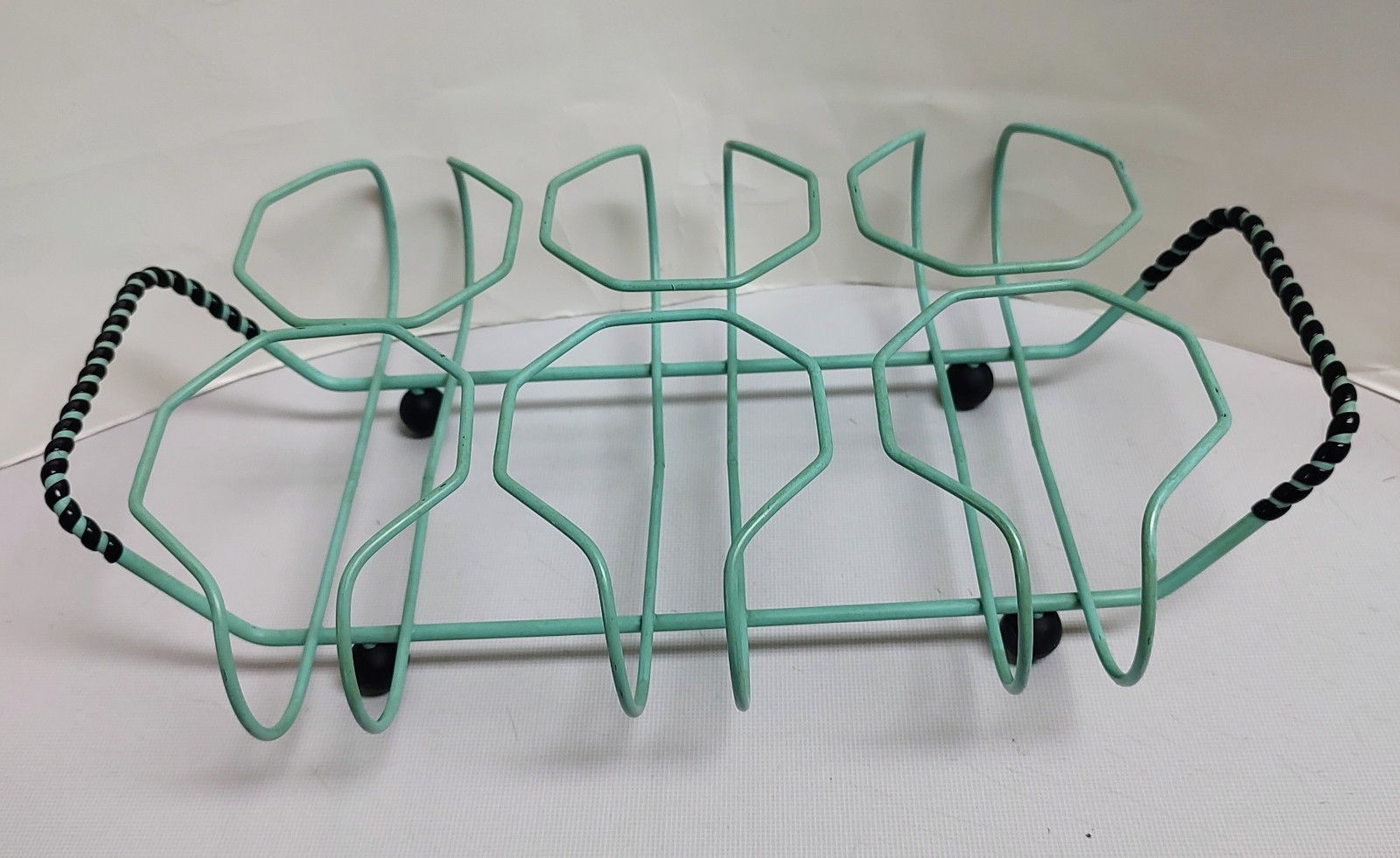 Vtg RARE MCM 60s Atomic Beverage 6 Glass Holder Caddy Aqua Black Wire Ball Feet Vtg RARE MCM 60s Atomic Beverage 6 Glass Holder Caddy Aqua Black Wire Ball Feet