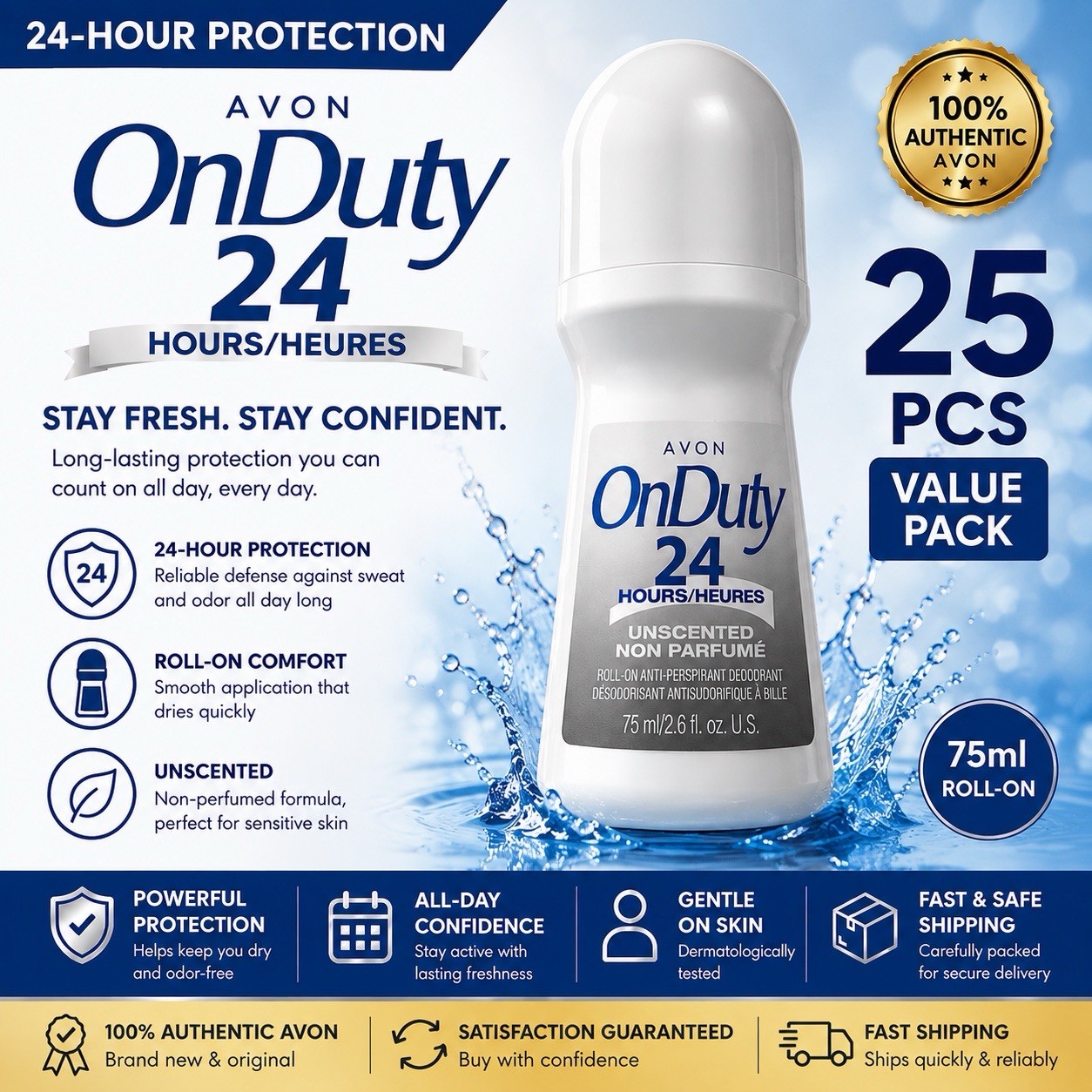 25-Avon ON DUTY 24 HOURS UNSCENTED  Roll-on Deodorant 2.6oz