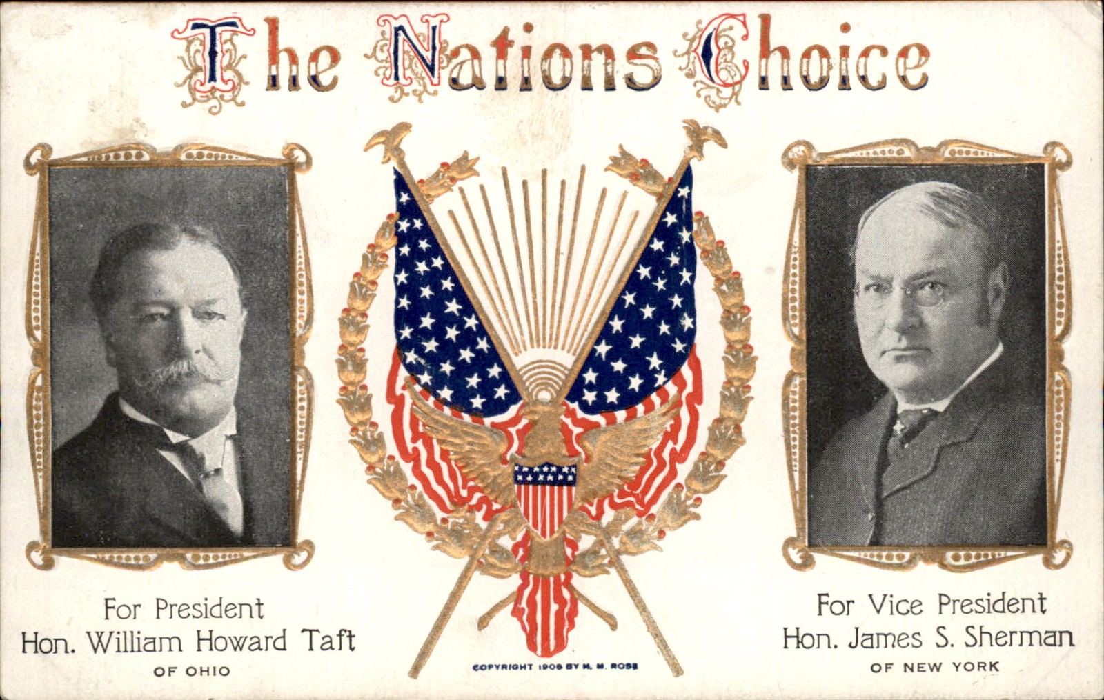 Political campaign Taft & Sherman Gilt Embossed c1908 Vintage Postcard