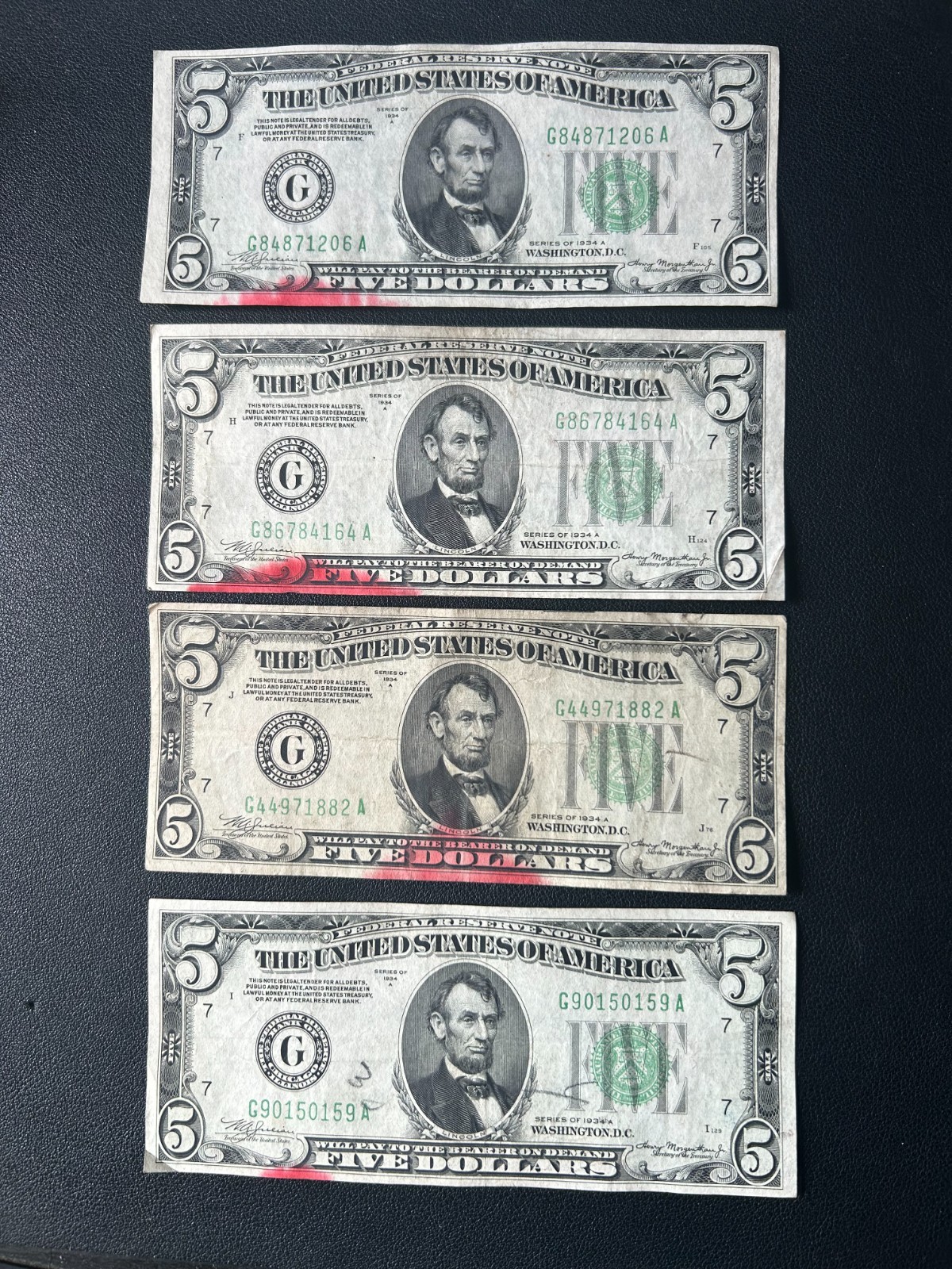$5 1934-A Chicago Federal Reserve Notes Lot of 4 Circulated. Red spots. $5 1934-A Chicago Federal Reserve Notes Lot of 4 Circulated. Red spots.