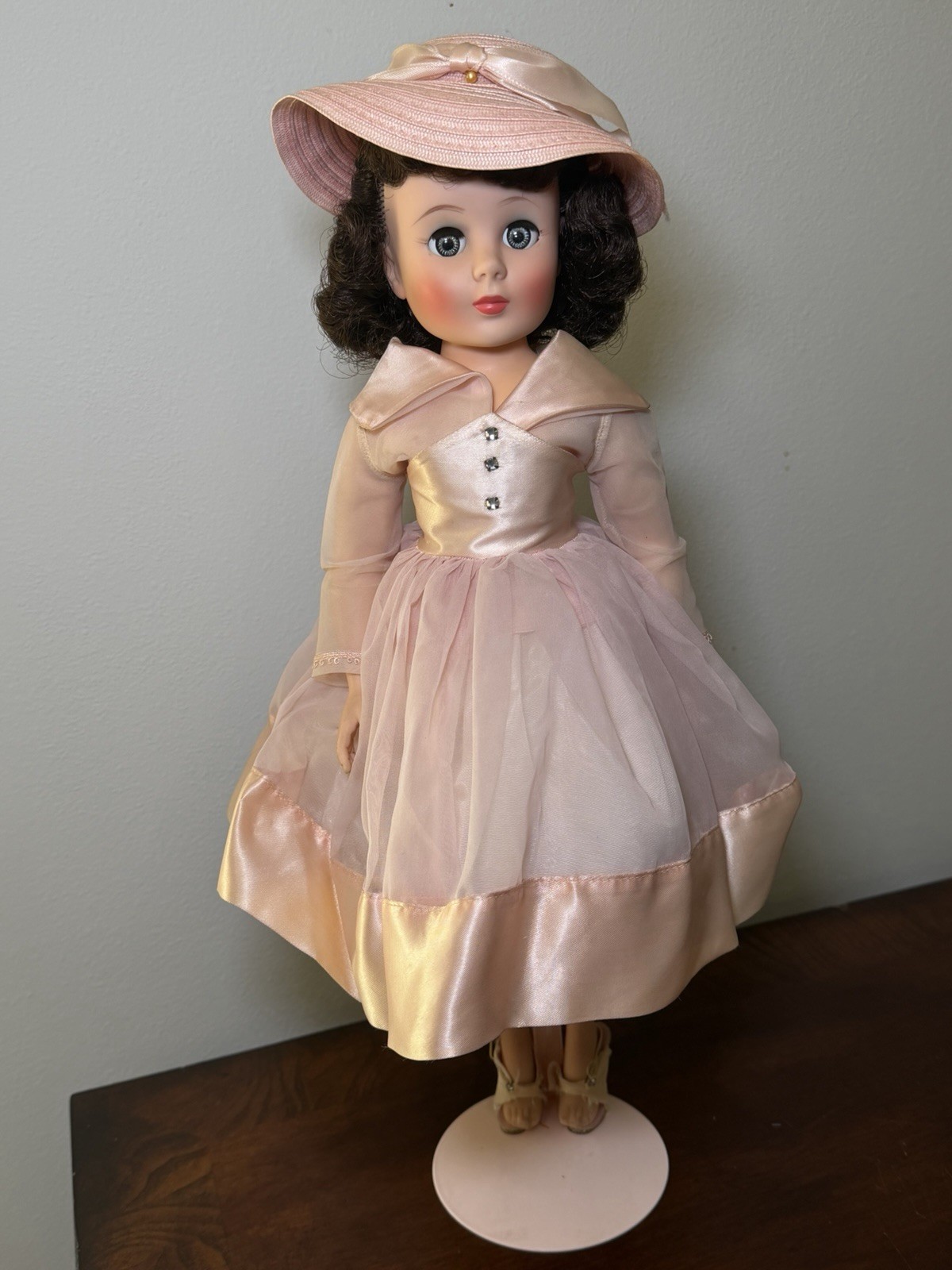 Vintage Madame Alexander Cissy Doll 19” Brunette Blue Eyes Pink Dress Hat