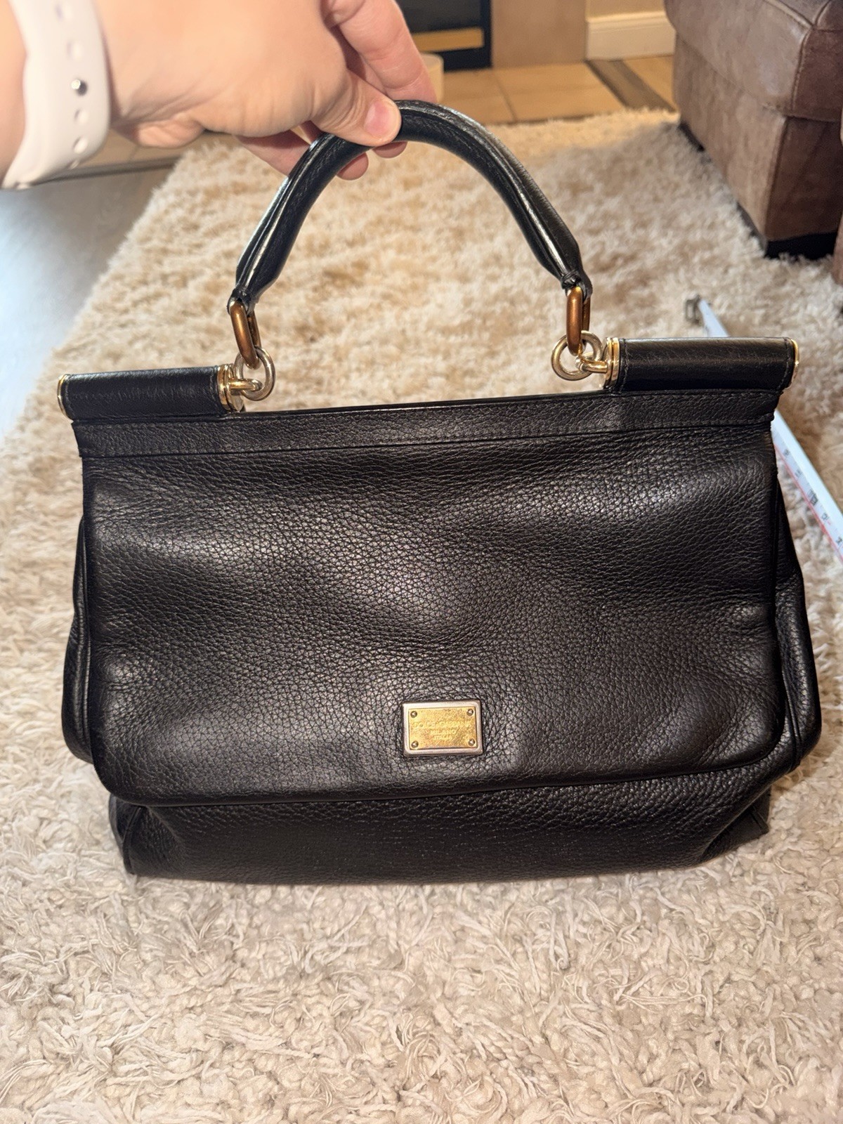 Dolce & Gabbana Large Miss Sicily Top Handle Bag in black grained leather & Gold