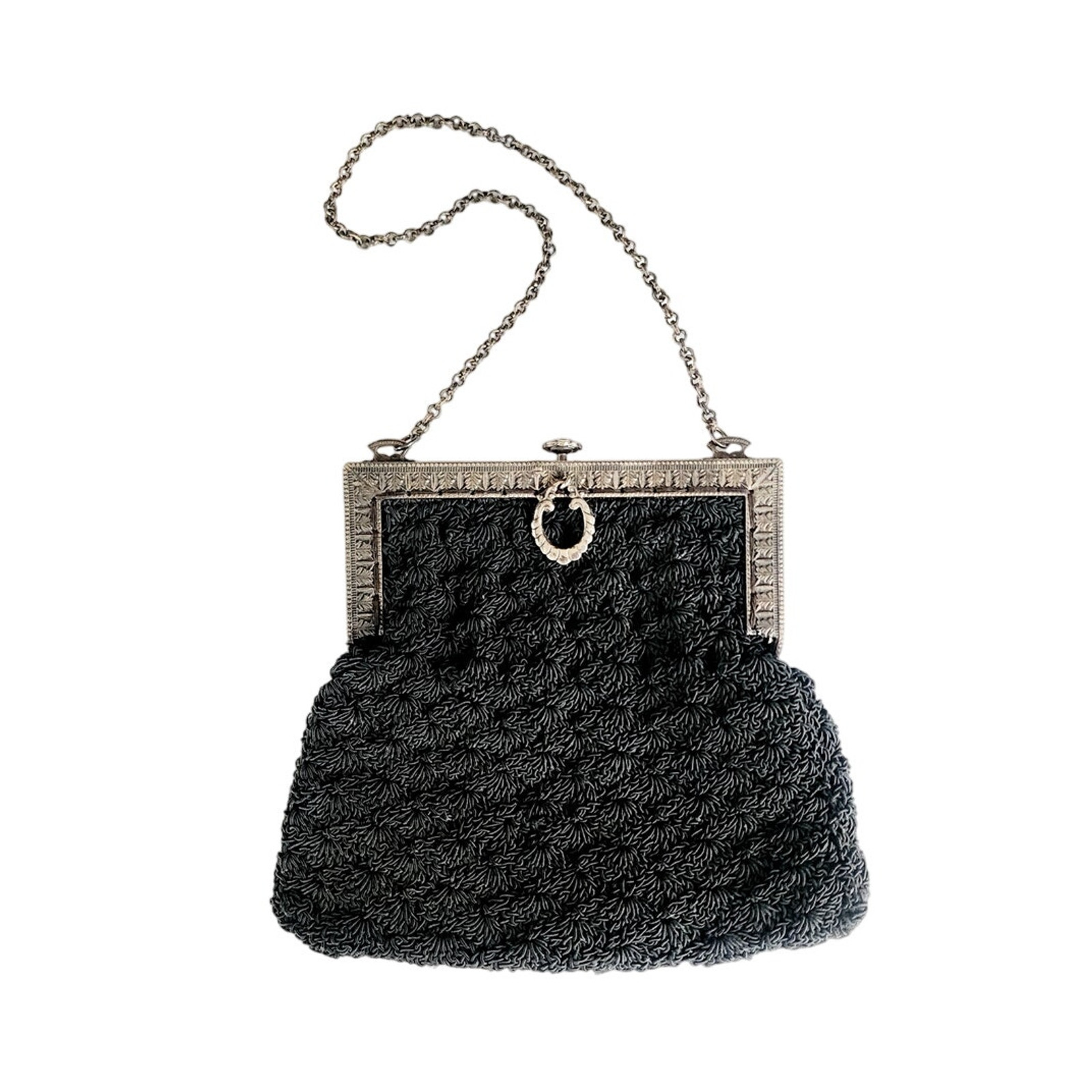 Antique Evening Bag Edwardian Purse Black Crochet Silver Etched Frame 1900s