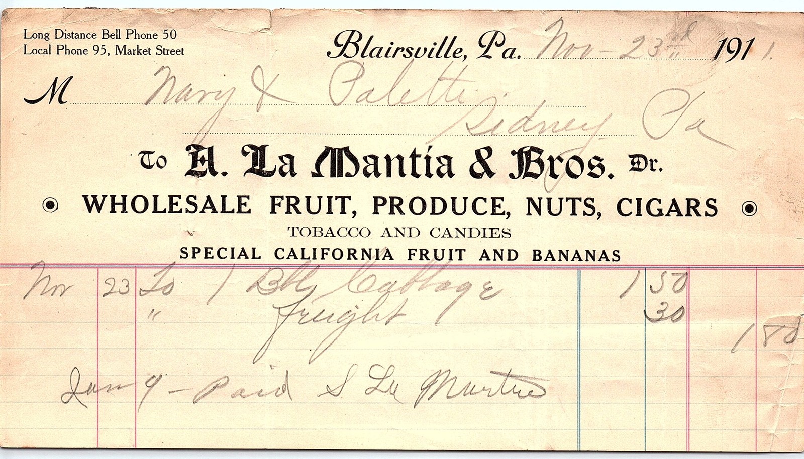 1911 Blairsville PA Wholesale Grocer Billhead, A. La Mantia