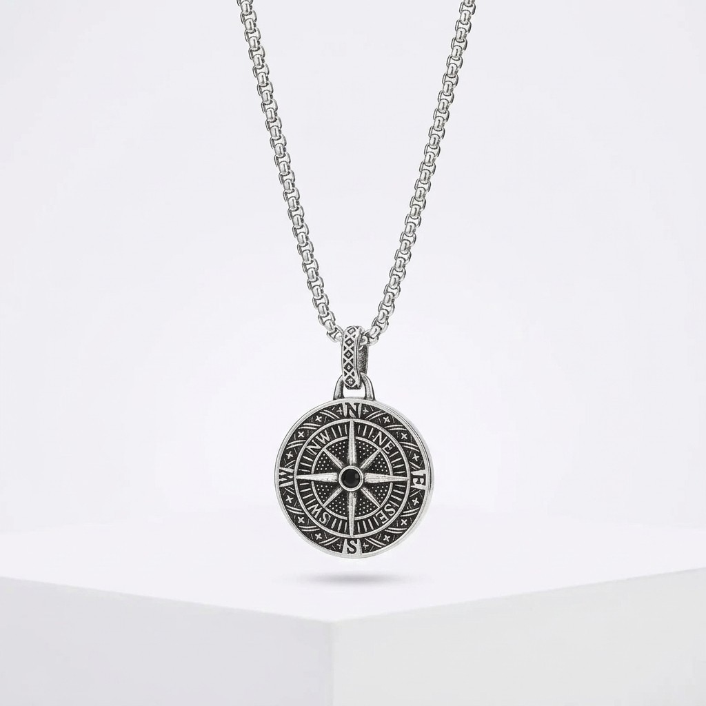 Official Vintage Compass Pendant Necklace Stainless Steel Coin Rock Hiphop