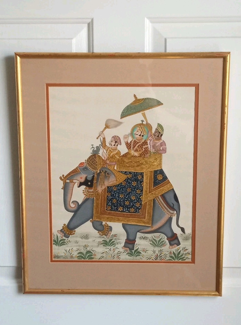 Vintage Mughal Indian Silk Painting Royal Elephant Procession Art Vintage Mughal Indian Silk Painting Royal Elephant Procession Art