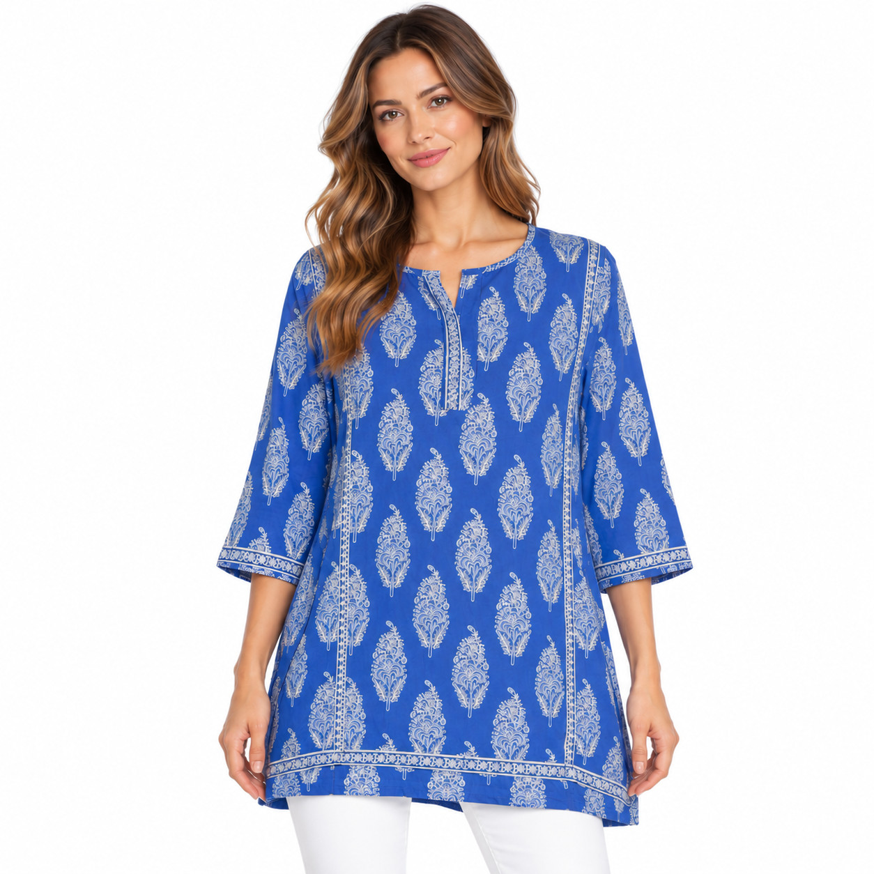 EAST ARTISAN x ANOKHI Block Print Tunic Top Blue White Silver Metallic Large