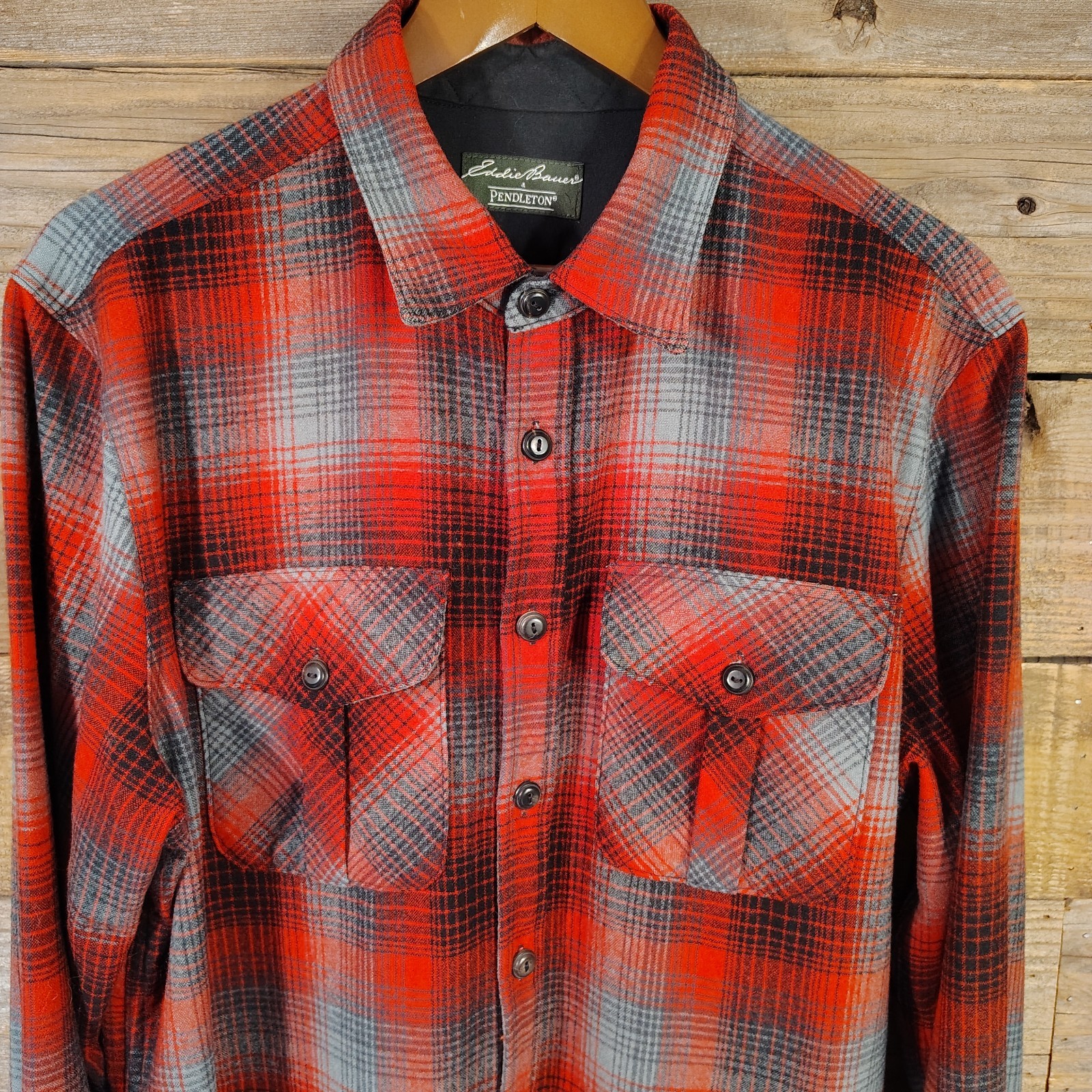 Vintage Eddie Bauer Pendleton Button Up Shirt Red Black Grey Men's Size Large L