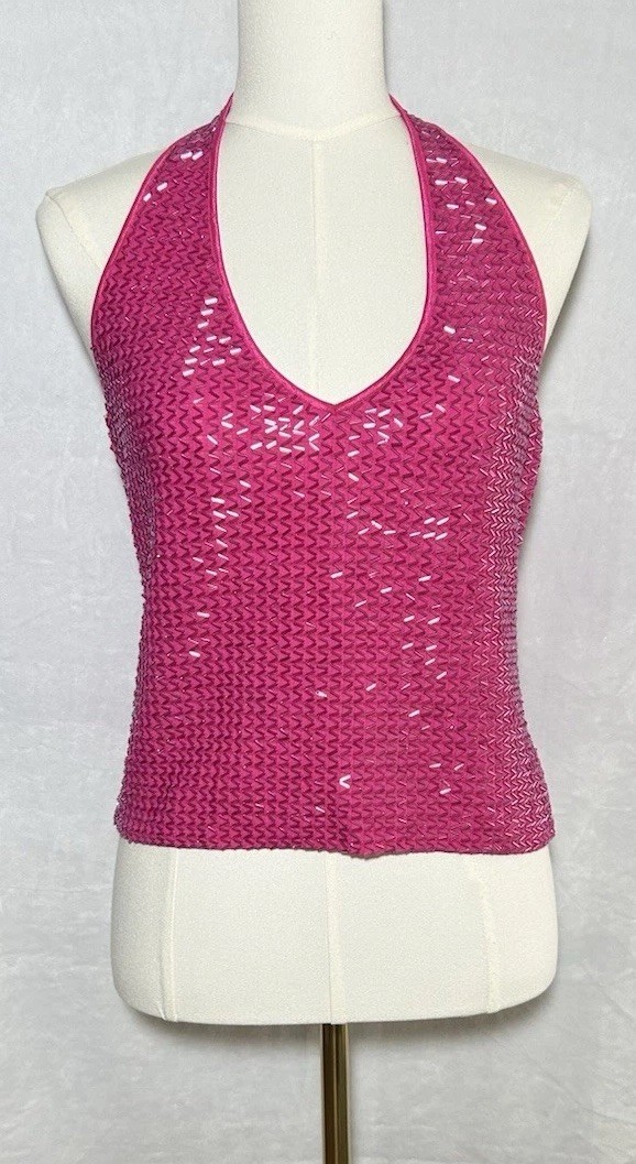 VTG Cache Fuchsia Pink Beaded Halter Top Size L Elle Woods Coquette Homecoming