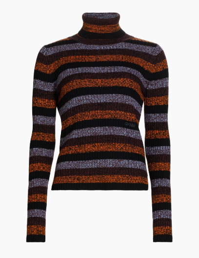 Ganni Multicolor Striped Cut-Out Merino Wool Turtleneck Sweater, Size Medium