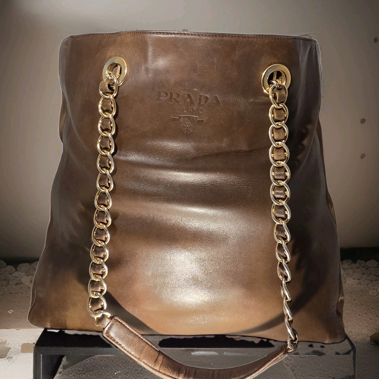Vintage Prada Brown Leather & Tessuto Nylon Chain Tote Bag Embossed Logo w/ COA