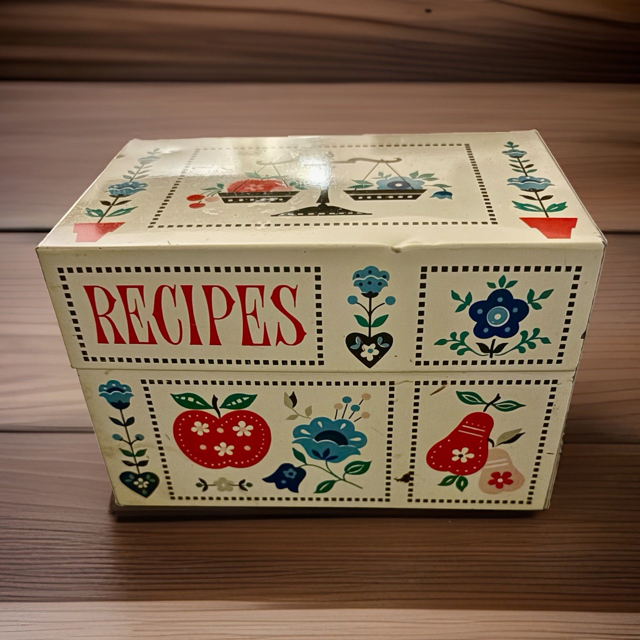 Vintage Fruit Floral Metal Tin  Recipe Box Calico Kitchen Stylecraft