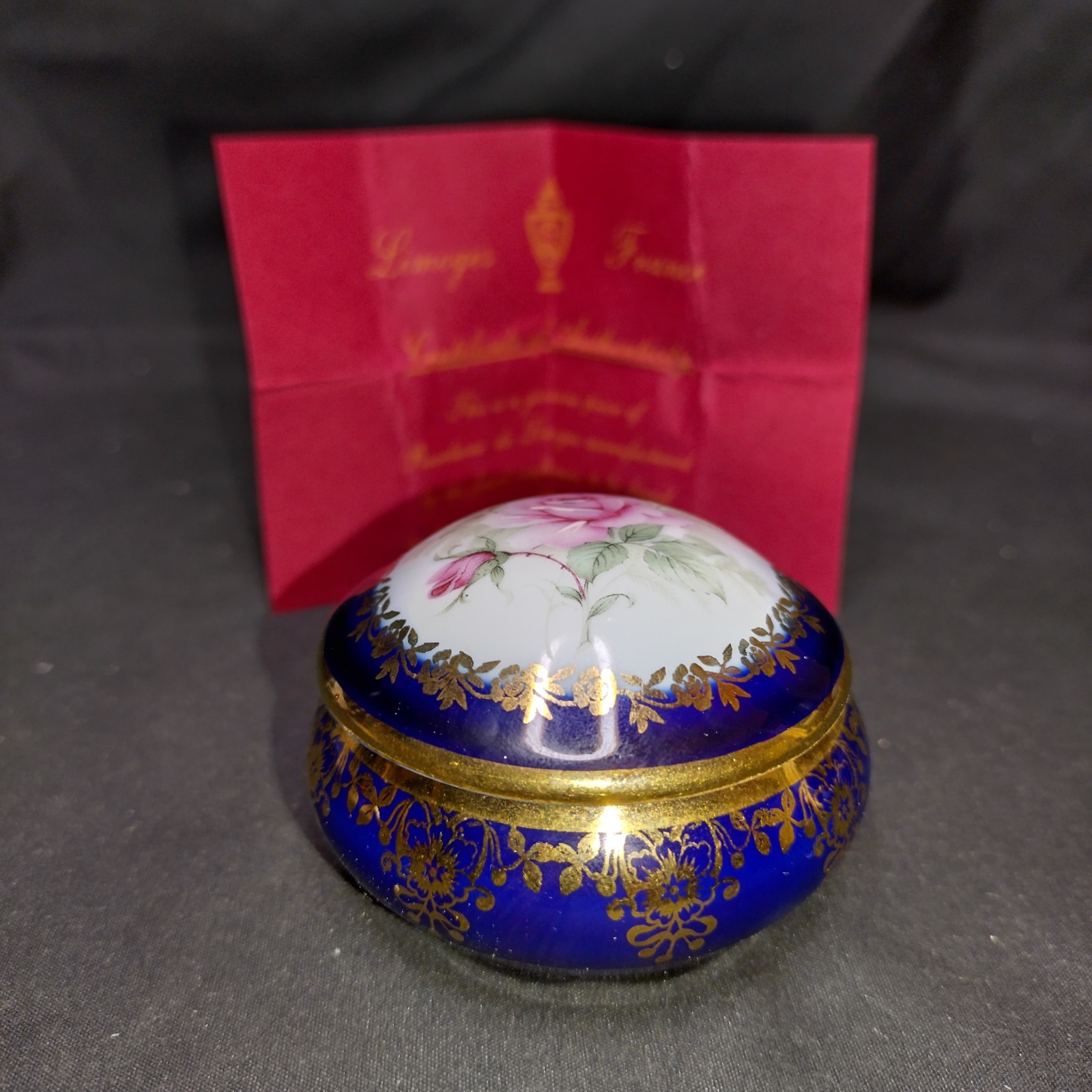 Vintage C.P. Limoges France Cobalt Blue Porcelain Trinket Box Rose W Certificate