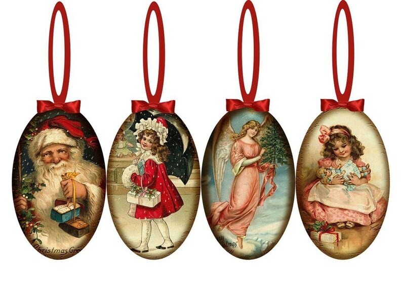 12 VINTAGE INSPIRED OVAL CHRISTMAS ORNAMENTS GLOSSY LAMINATED
