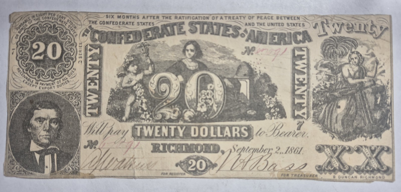 1861 $20 CONFEDERATE STATES OF AMERICA NOTE RICHMOND T20 1861 $20 CONFEDERATE STATES OF AMERICA NOTE RICHMOND T20