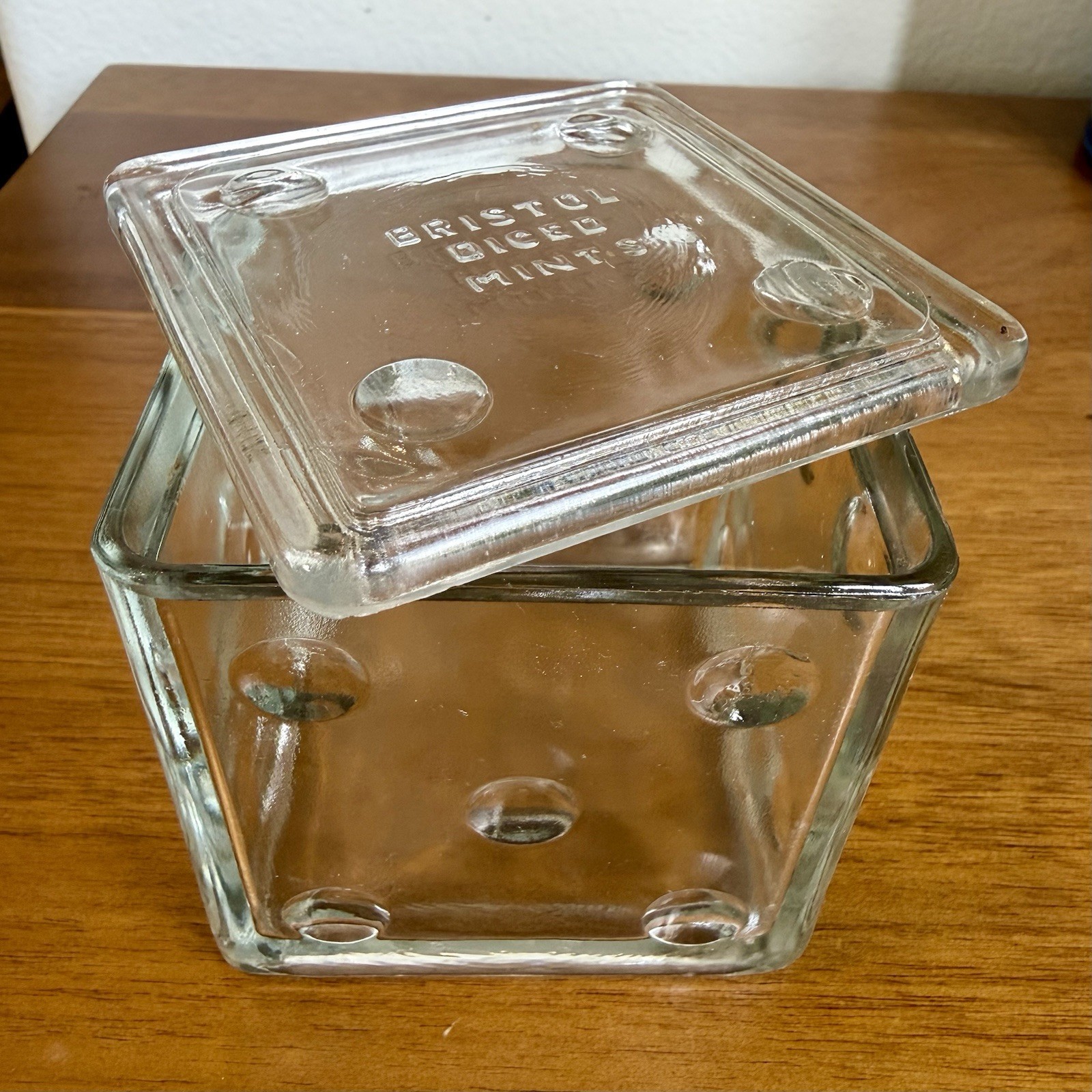 Vintage Bristol Diced Mints Clear Glass Candy Container Jar Brandle & Smith Co
