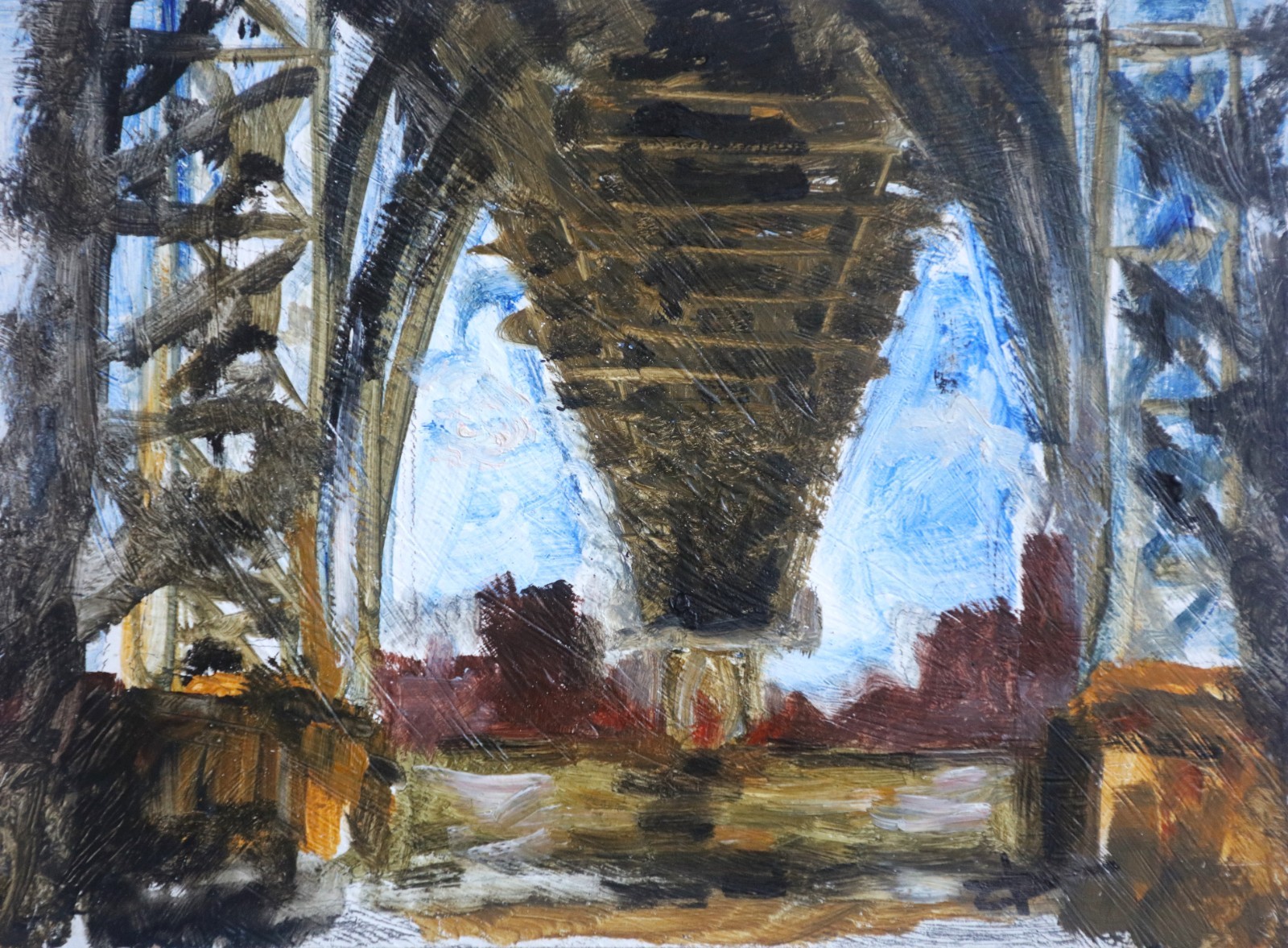 Williamsburg Bridge, New York, East River, original oil painting signed on board Williamsburg Bridge, New York, East River, original oil painting signed on board