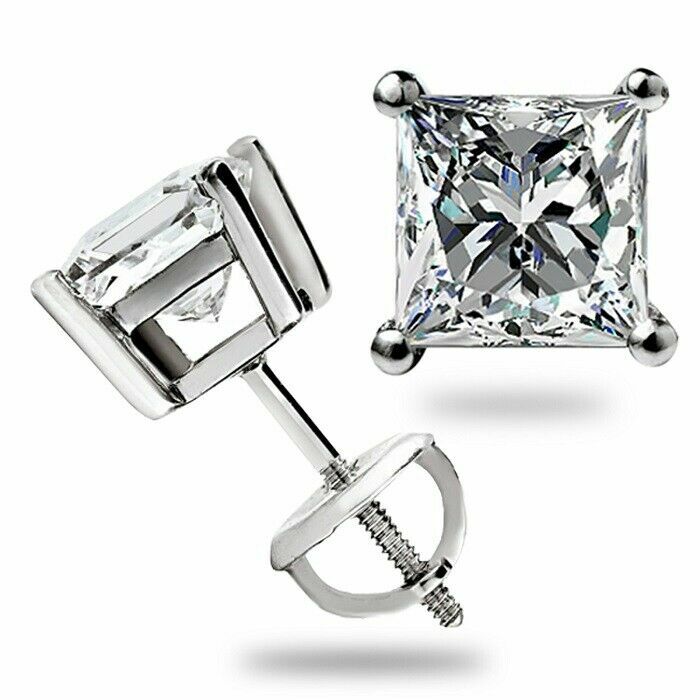 3.0 Ct Princess Cut Moissanite Stud Earrings 14K White Gold Screwback Gift