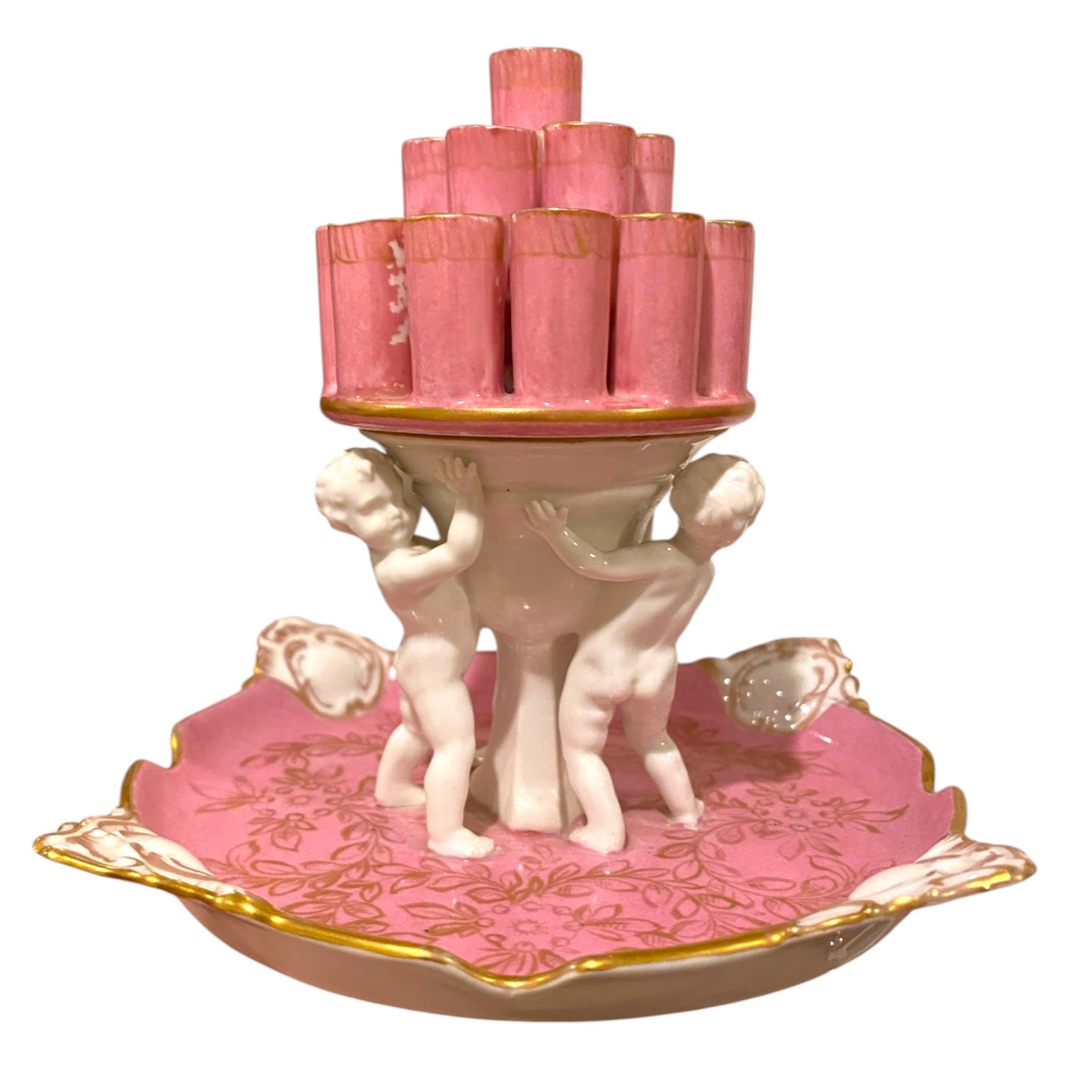 Antique Carl Thieme Dresden Pink Cherub Cigarette Holder/Flower Frog Vase Decor