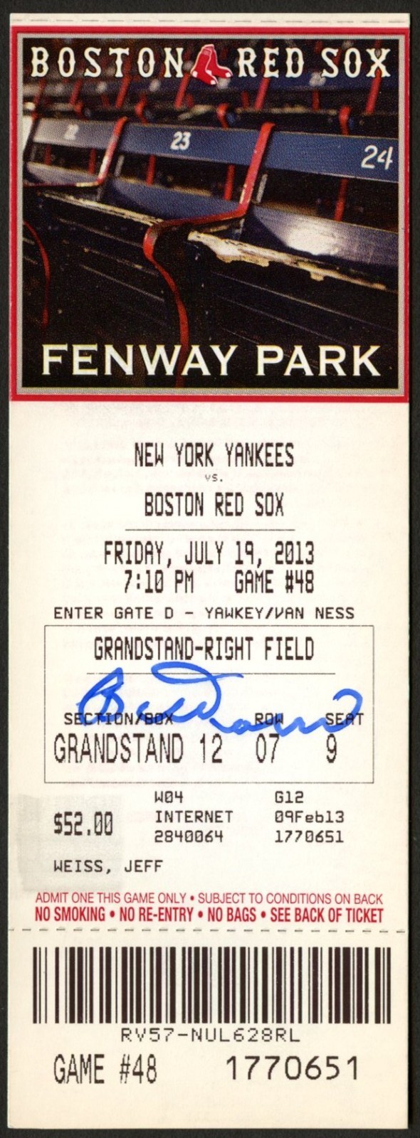Bobby Doerr d2017 signed autograph Baseball Coach July 19 2013 Game Ticket