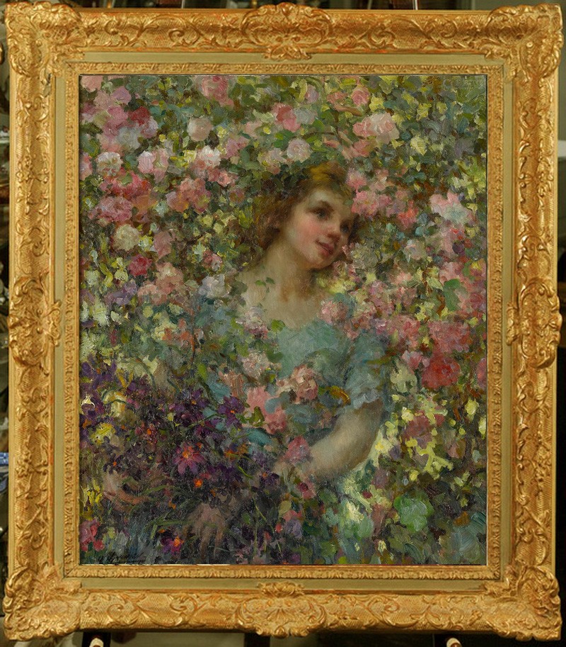 Hand Painted Classical Oil Painting Girl Surrounded Flowers Art Vintage Style