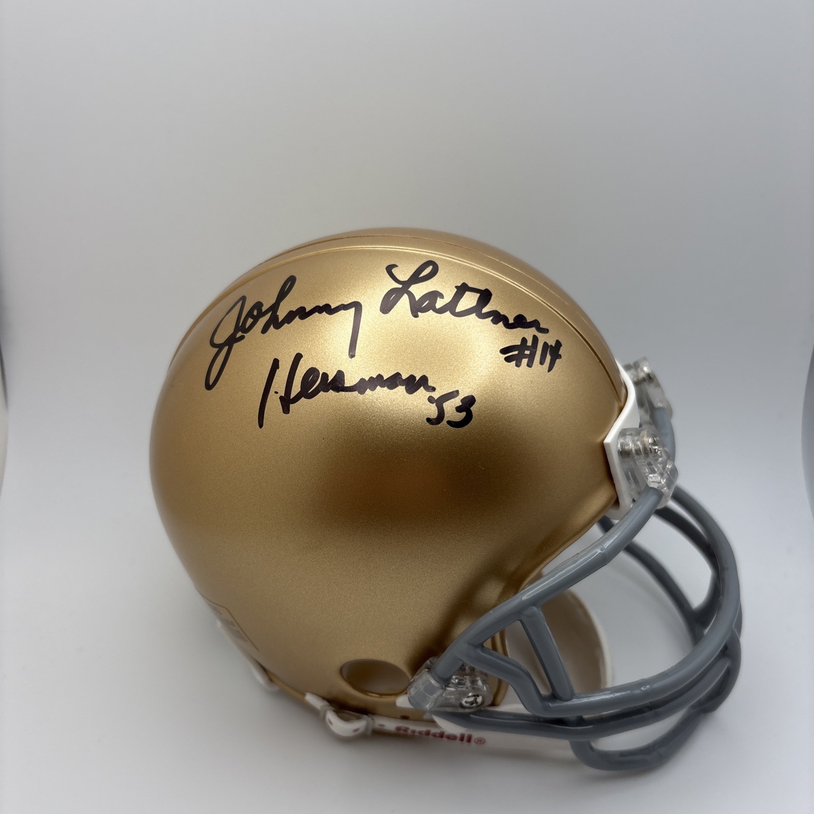 Johnny Lattner Signed Auto NOTRE DAME Mini Helmet INSCRIBED HEISMAN JSA COA Johnny Lattner Signed Auto NOTRE DAME Mini Helmet INSCRIBED HEISMAN JSA COA