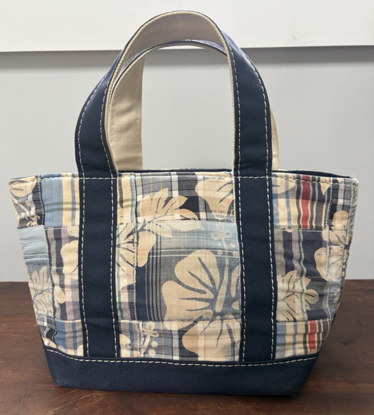 Nice Vintage LL BEAN Blue Madras Plaid Hawaiian Floral Canvas Mini Boat Tote Bag