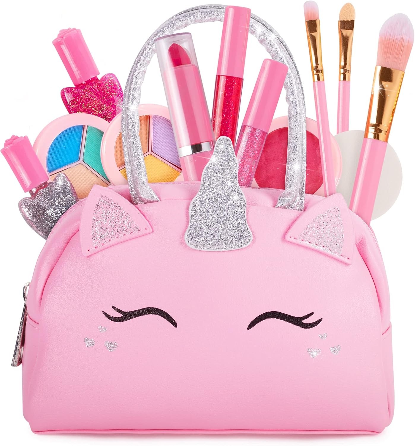 Kids Real Makeup Kit with Unicorn Purse Washable Pretend Play Set for Girls