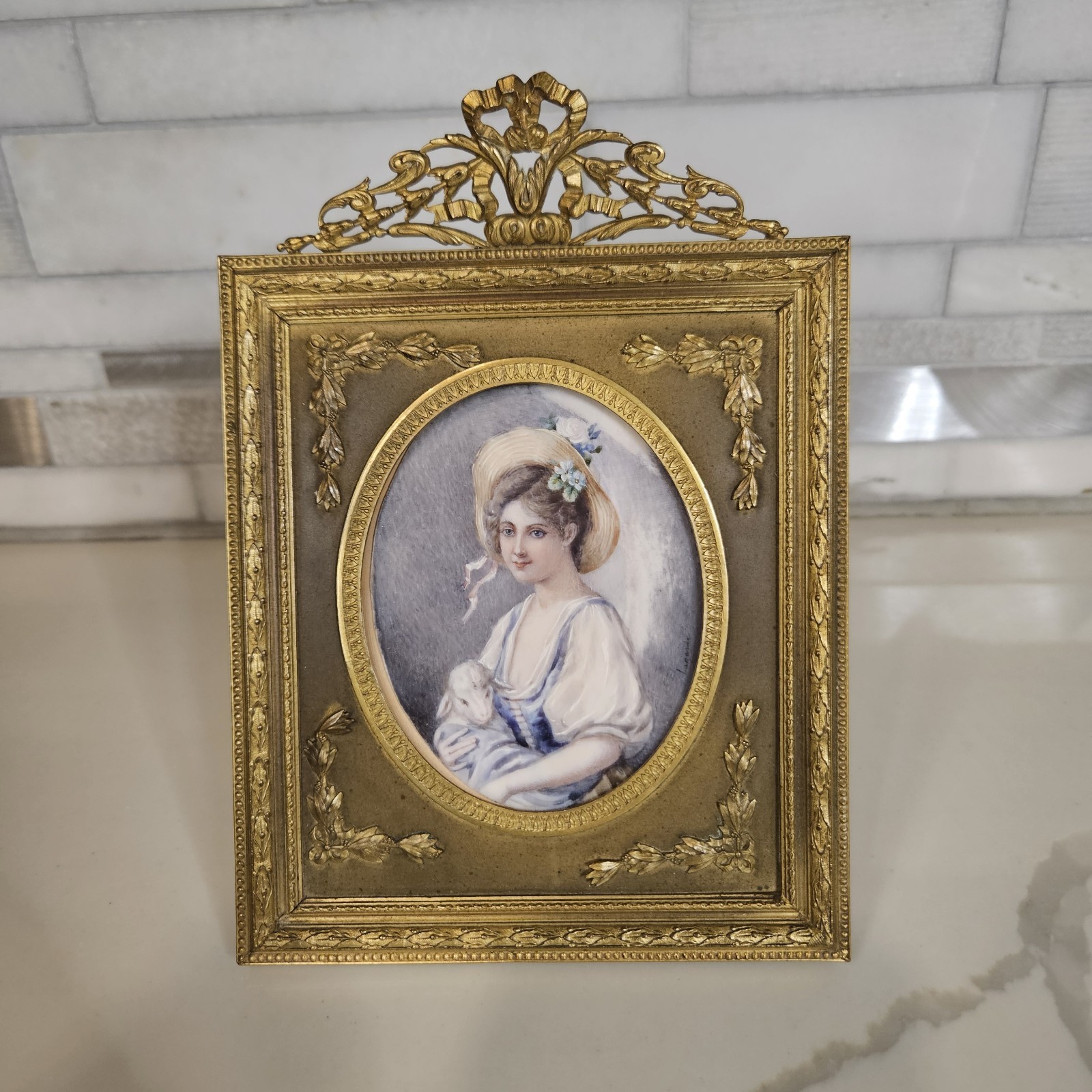Antique French Portrait Miniature Signed “Lagarde” – Ornate Gilt Frame