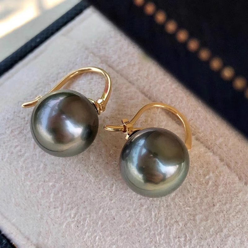 Gorgeous Huge AAAA+ 10-11mm Natural Black Tahitian Round Pearl Earrings 925S.